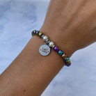 HELP by TJ Cat Mom Charm with Rainbow Hematite Beads Charity Bracelet