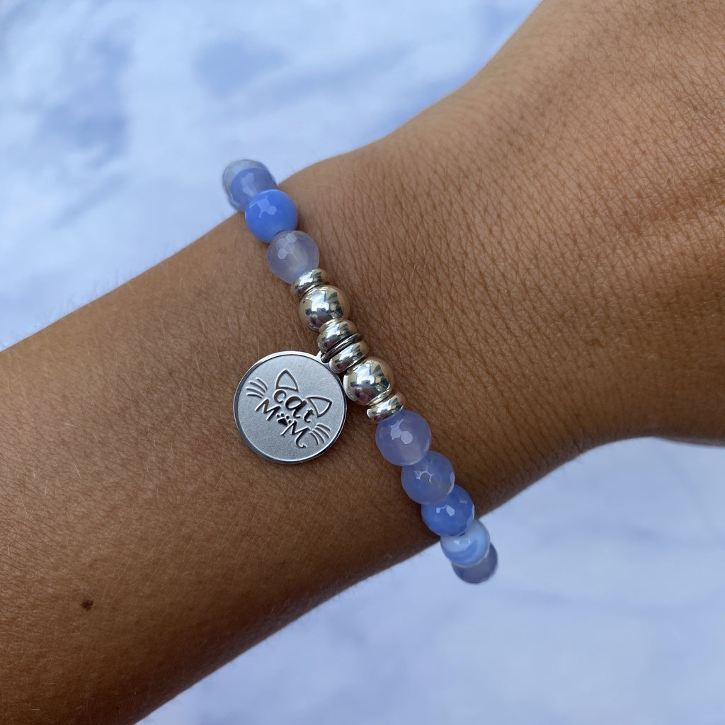 HELP by TJ Cat Mom Charm with Sky Blue Agate Beads Charity Bracelet