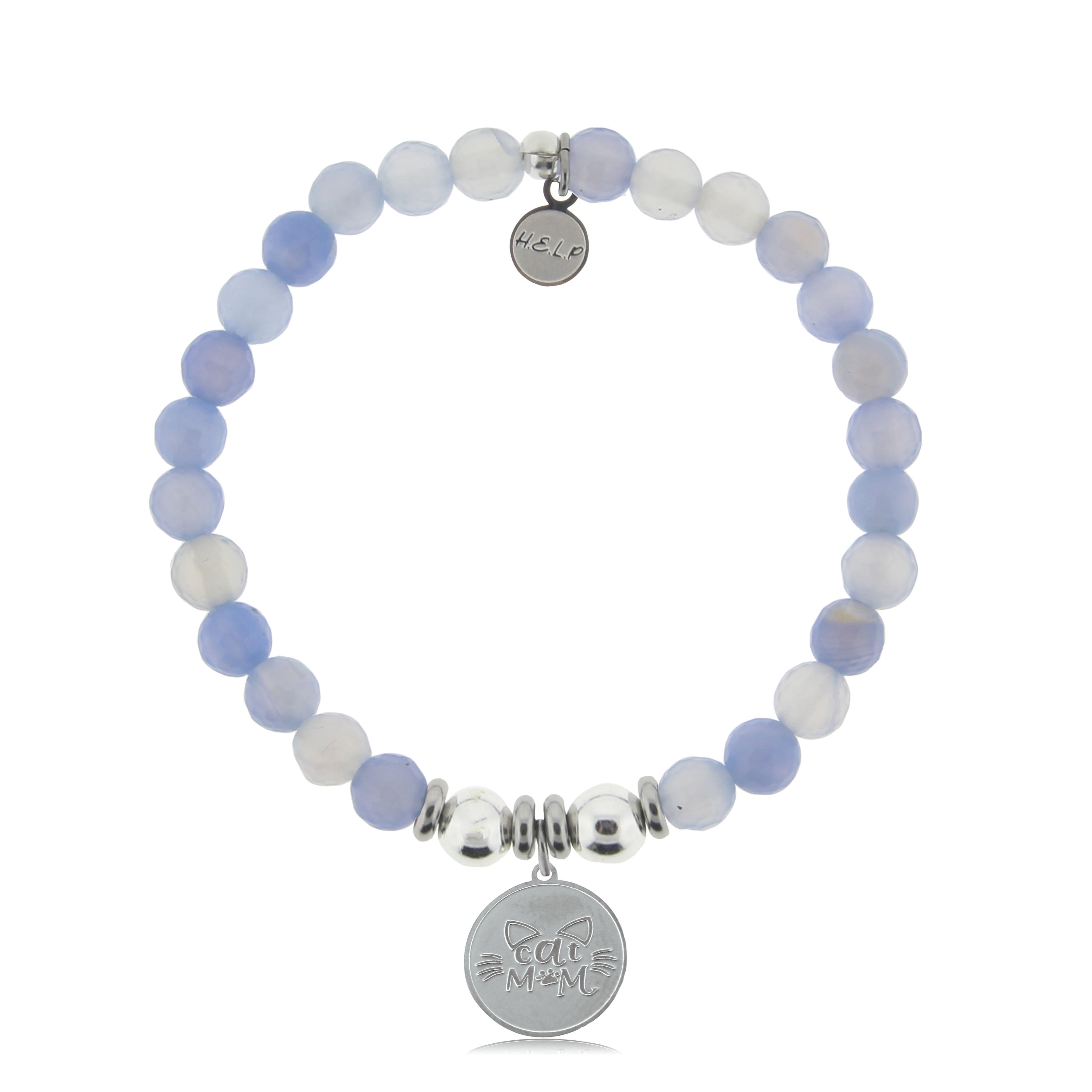 HELP by TJ Cat Mom Charm with Sky Blue Agate Beads Charity Bracelet