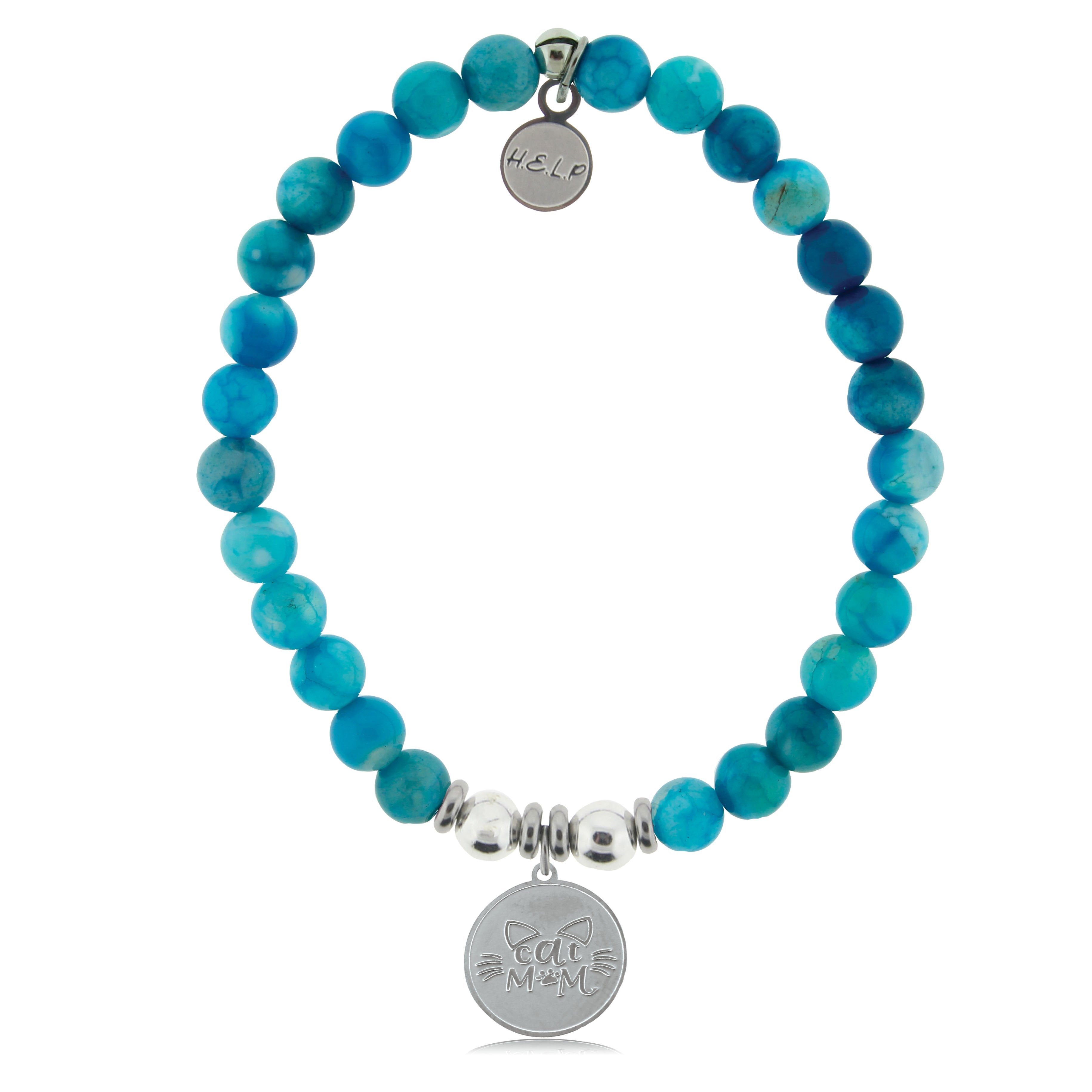 HELP by TJ Cat Mom Charm with Tropic Blue Agate Beads Charity Bracelet