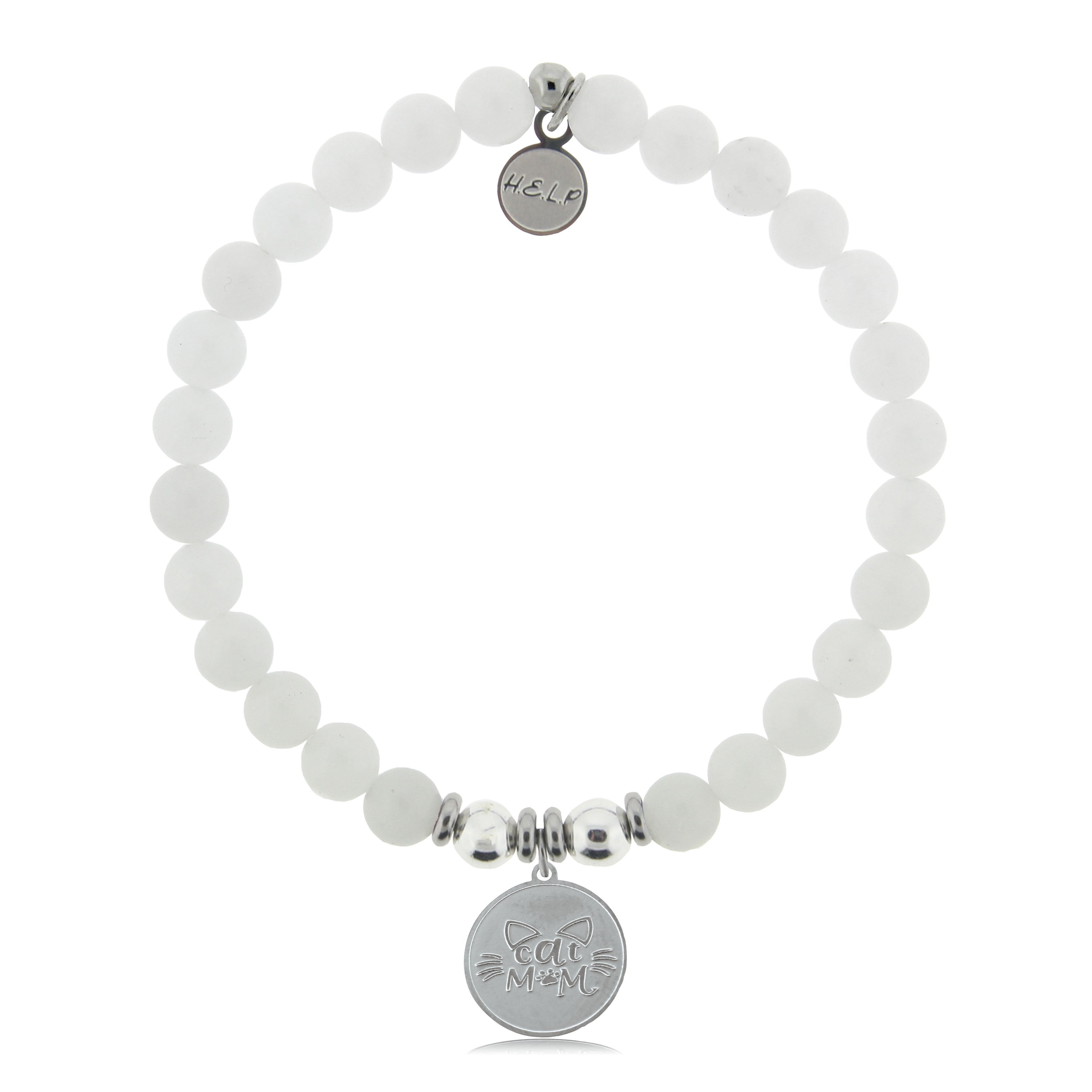 HELP by TJ Cat Mom Charm with White Jade Beads Charity Bracelet