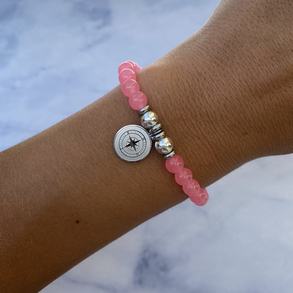 HELP by TJ Compass Charm with Pink Agate Beads Charity Bracelet