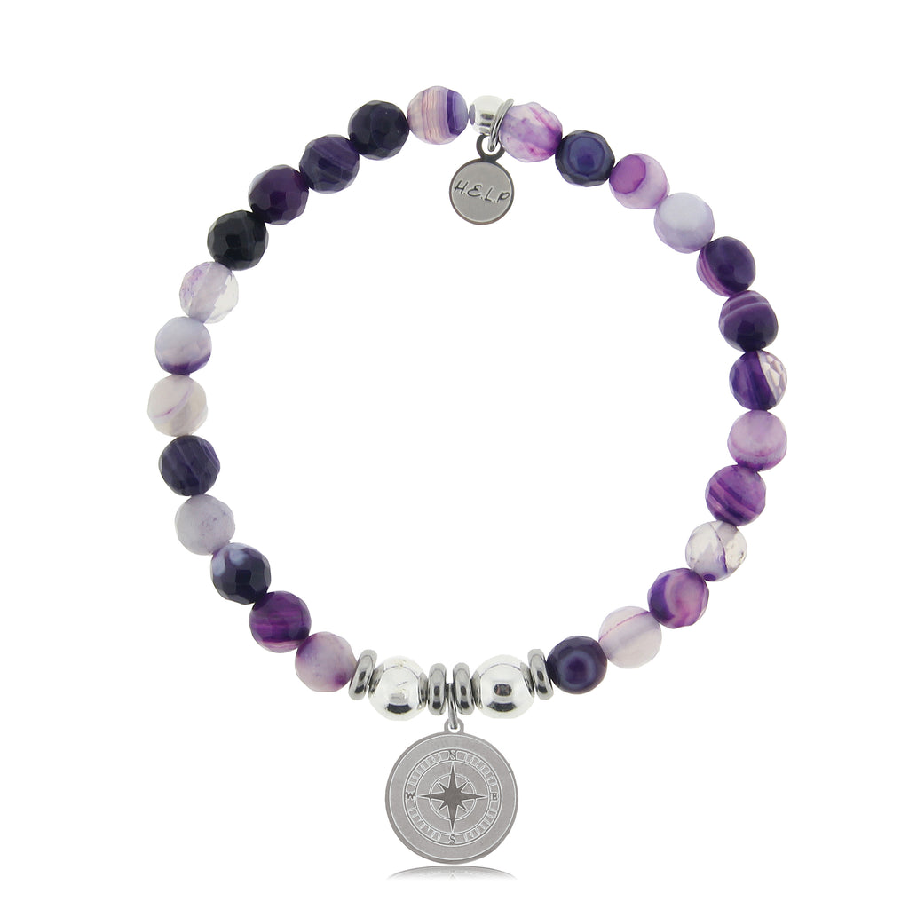 HELP by TJ Compass Charm with Purple Stripe Agate Beads Charity Bracelet