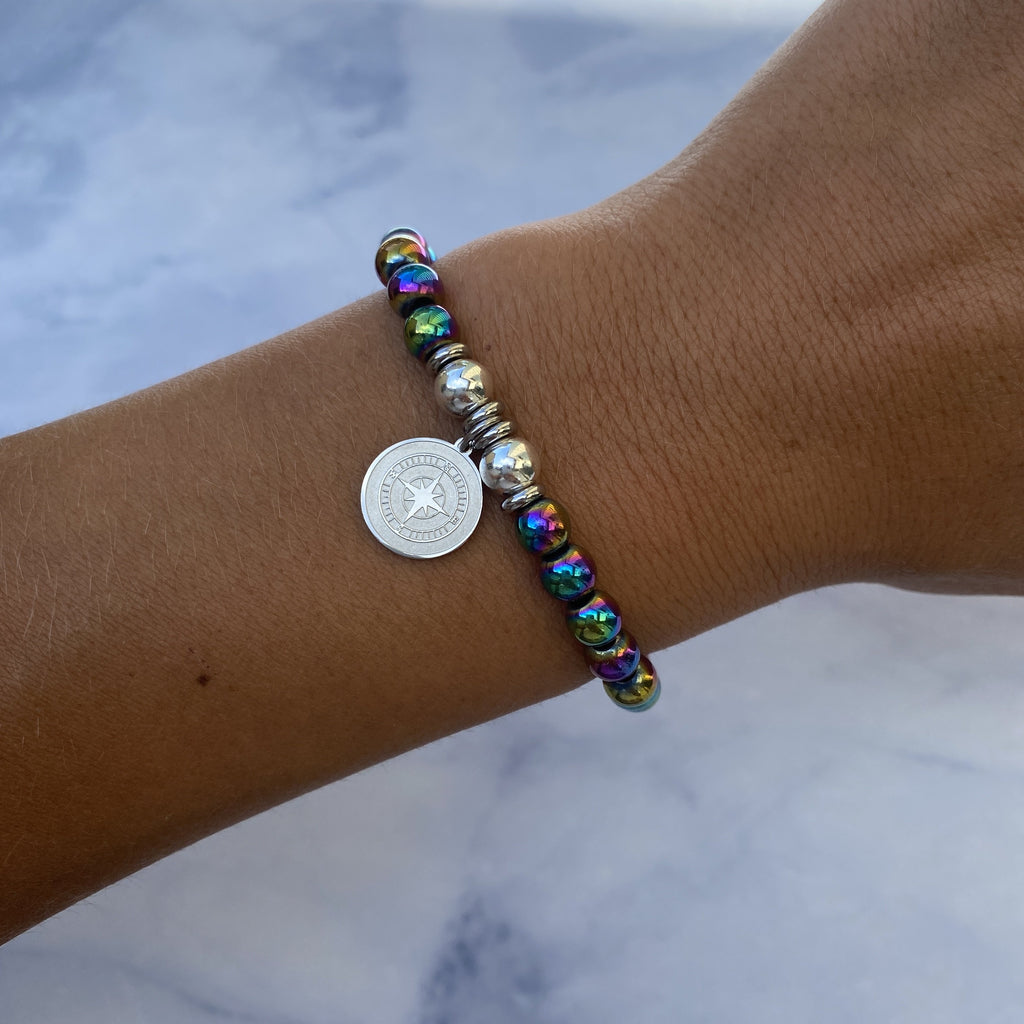 HELP by TJ Compass Charm with Rainbow Hematite Beads Charity Bracelet