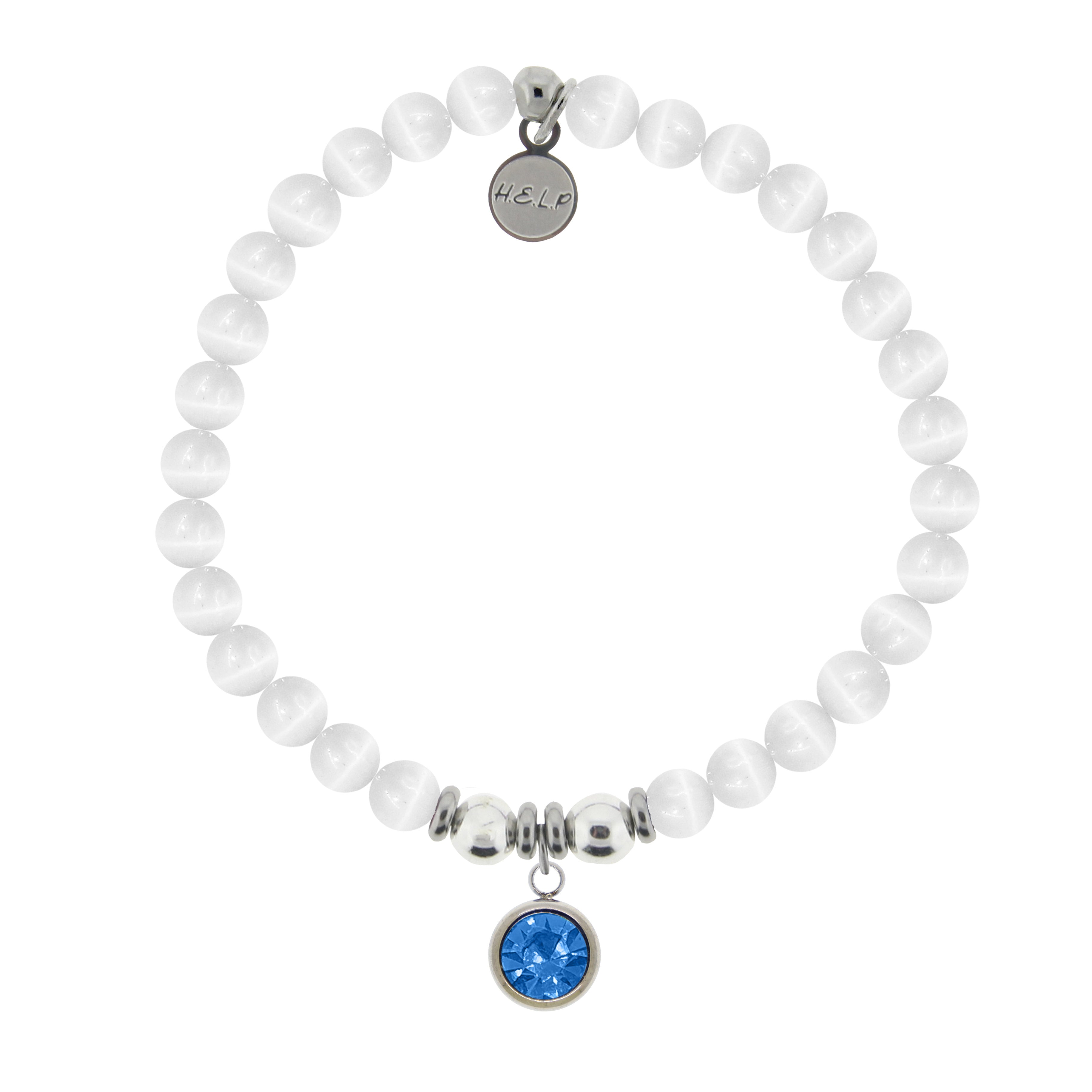 HELP by TJ December Blue Topaz Crystal Birthstone Charm with White Cats Eye Charity Bracelet