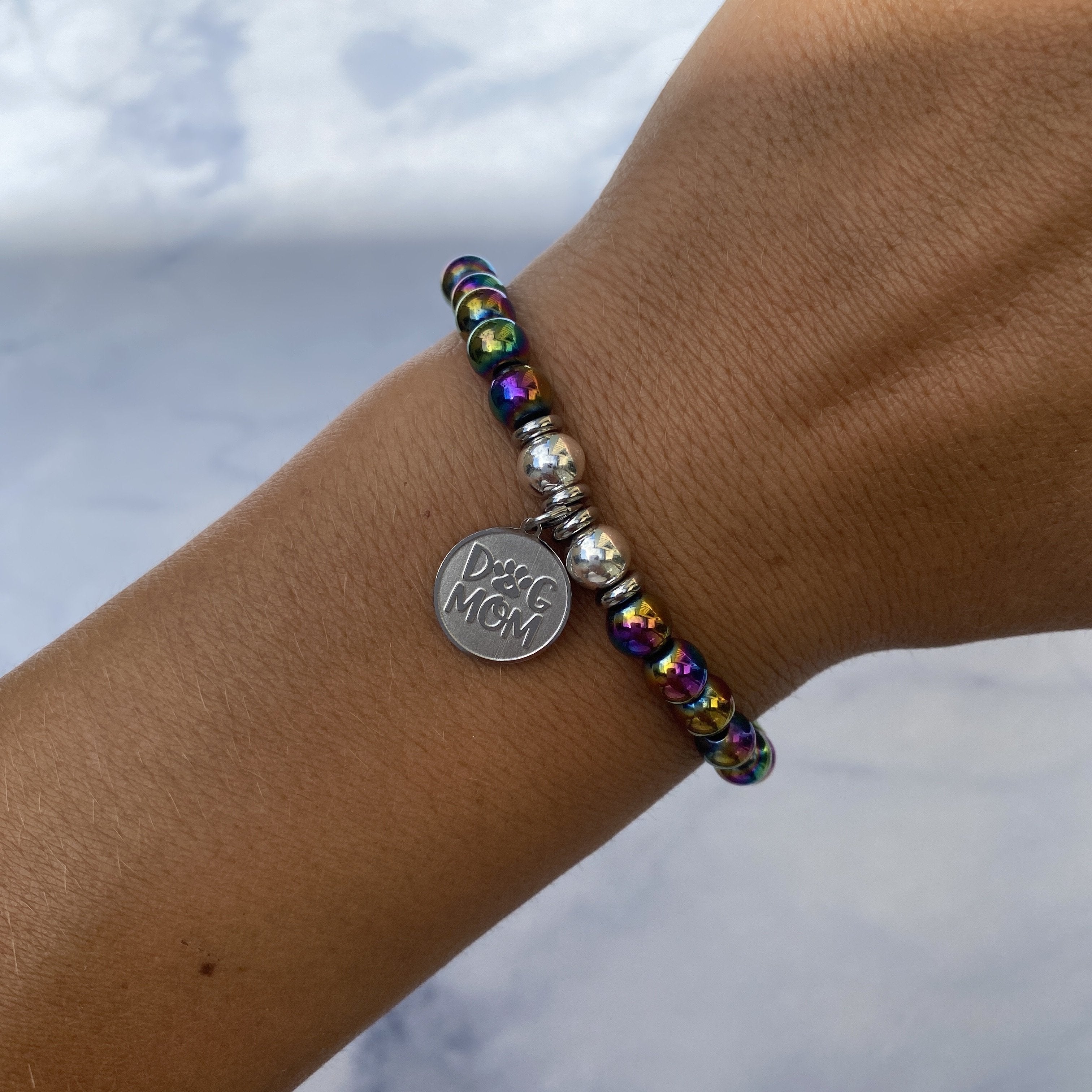 Dog Mom Charm with Rainbow Hematite Beads Charity Bracelet