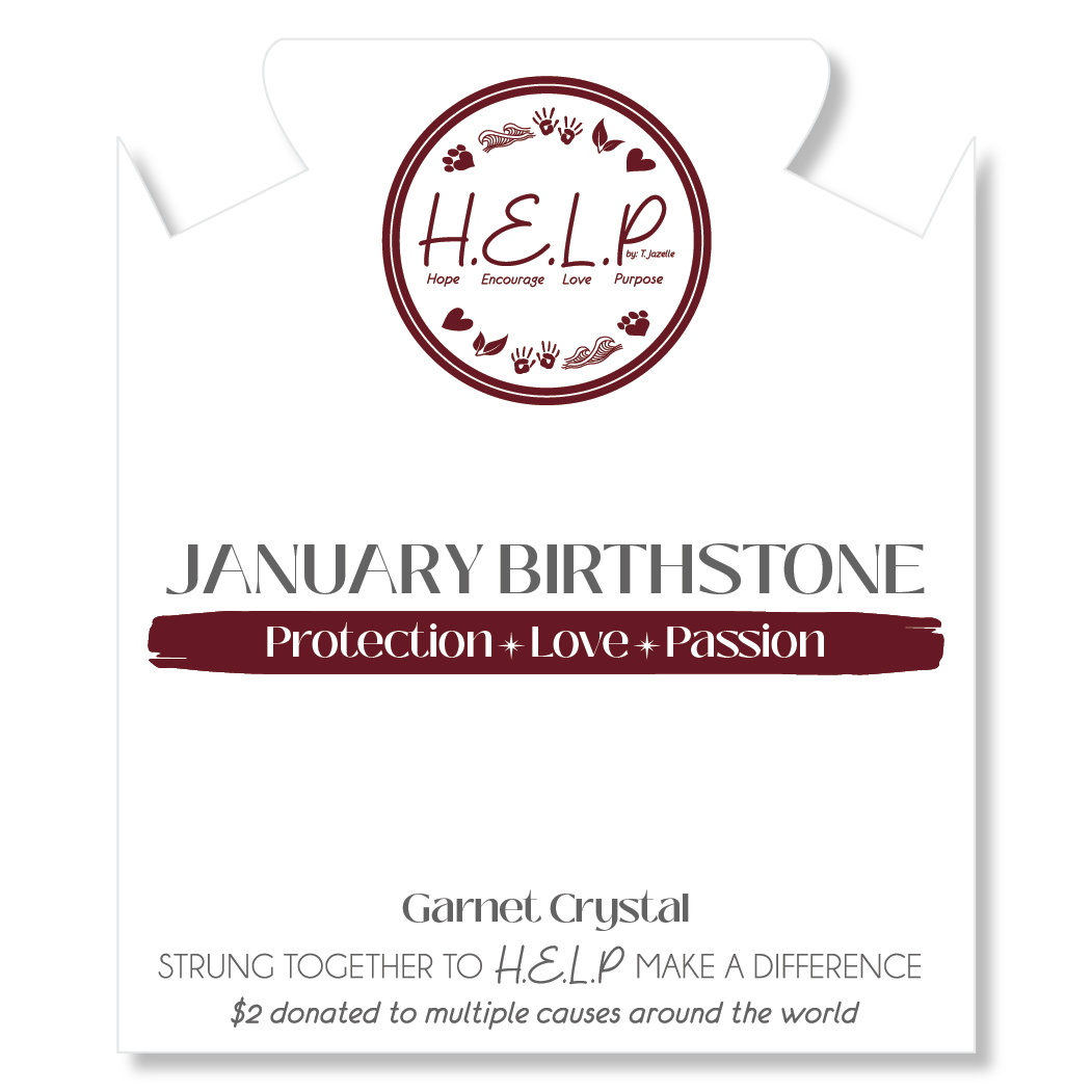 HELP by TJ January Garnet Crystal Birthstone Charm with White Cats Eye Charity Bracelet