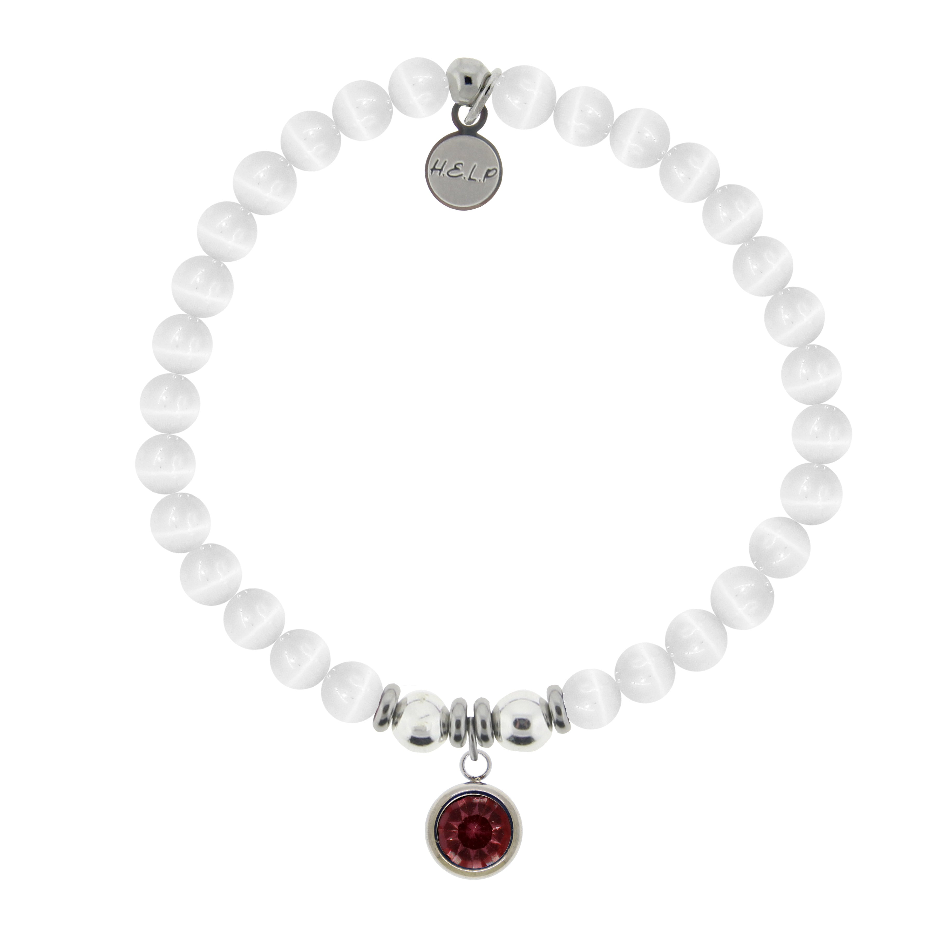 HELP by TJ January Garnet Crystal Birthstone Charm with White Cats Eye Charity Bracelet