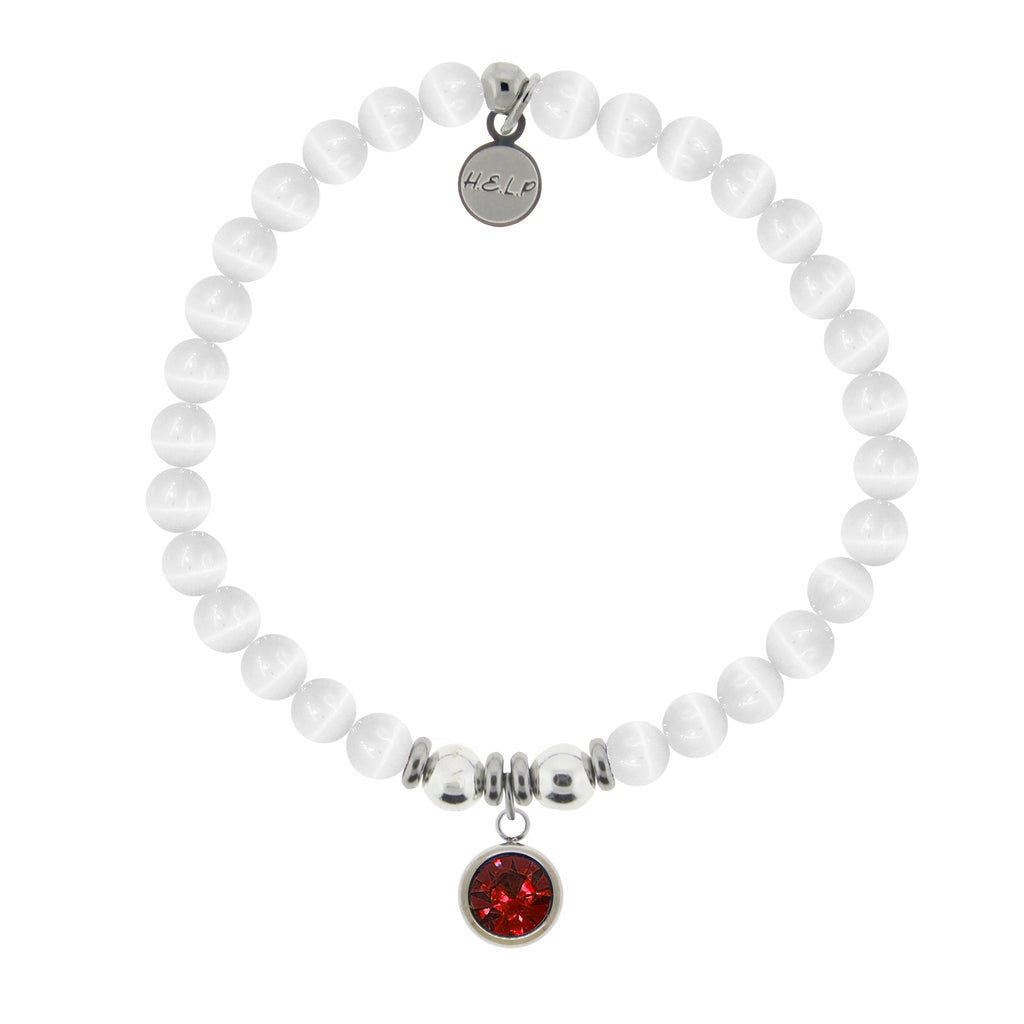 HELP by TJ July Ruby Crystal Birthstone Charm with White Cats Eye Charity Bracelet