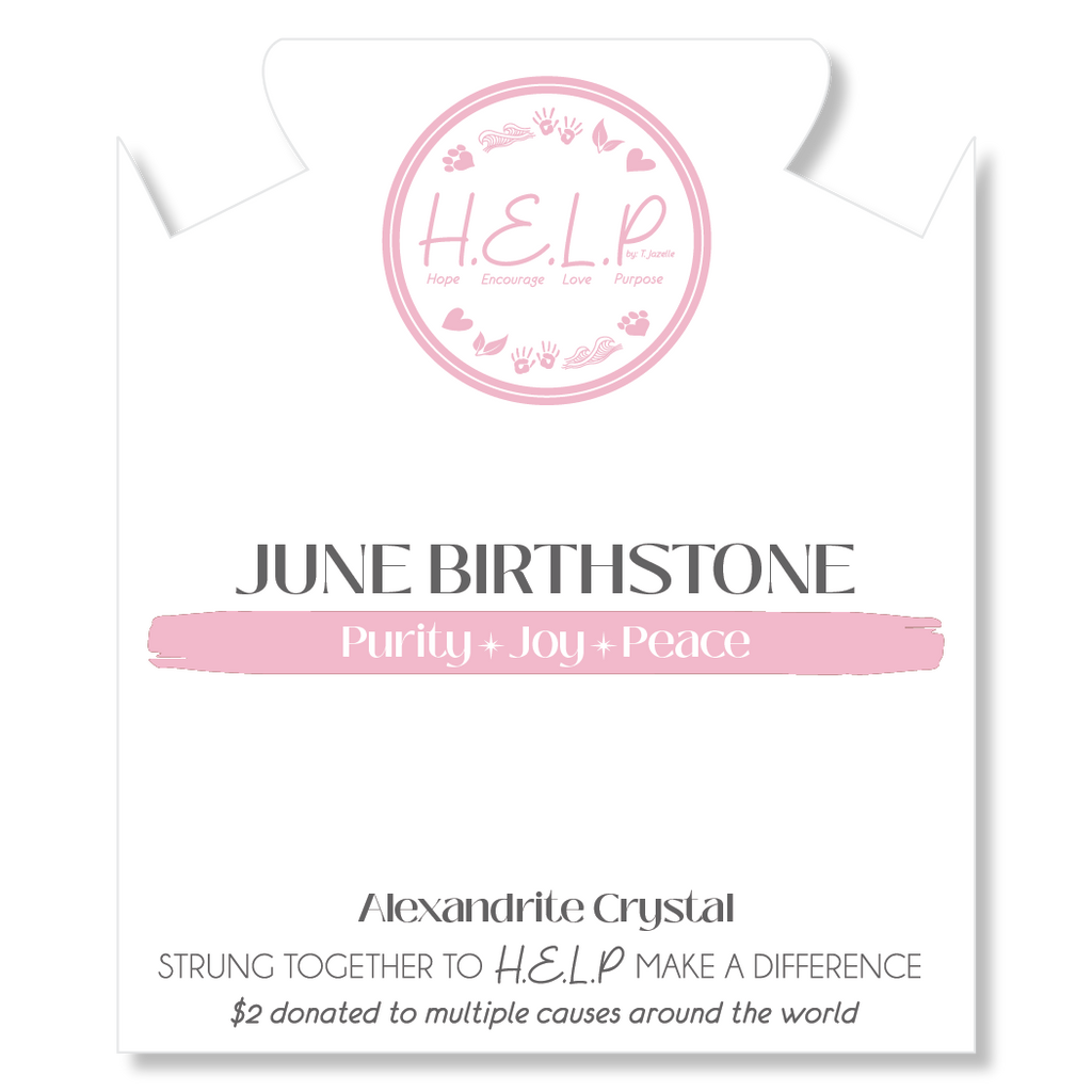 HELP by TJ June Alexandrite Crystal Birthstone Charm with White Cats Eye Charity Bracelet