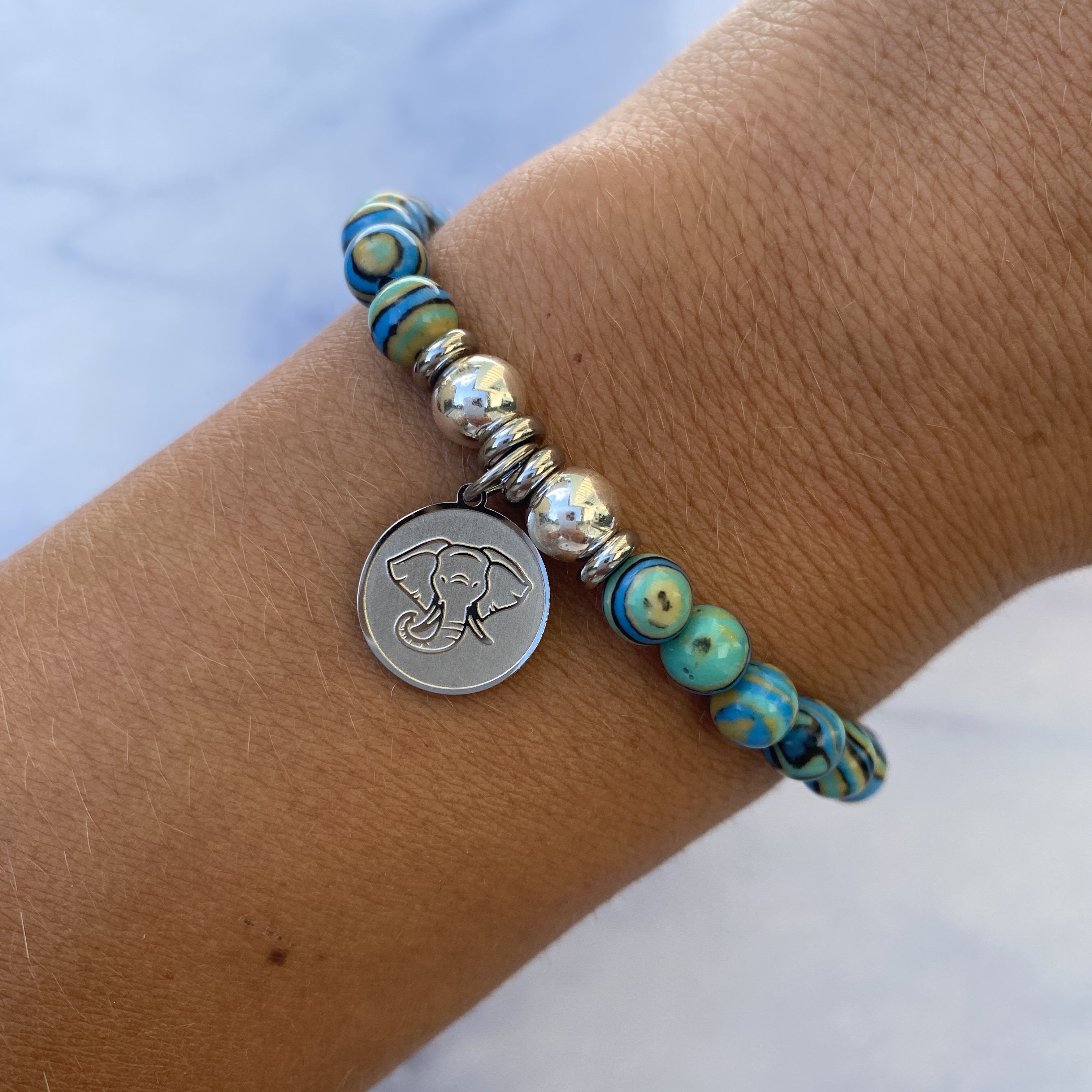 HELP by TJ Lucky Elephant Charm with Malachite Beads Charity Bracelet