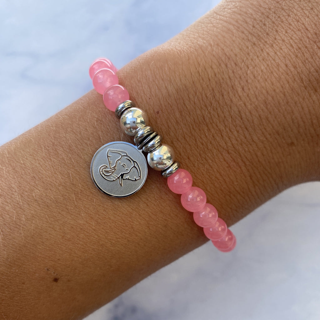 HELP by TJ Lucky Elephant Charm with Pink Agate Beads Charity Bracelet