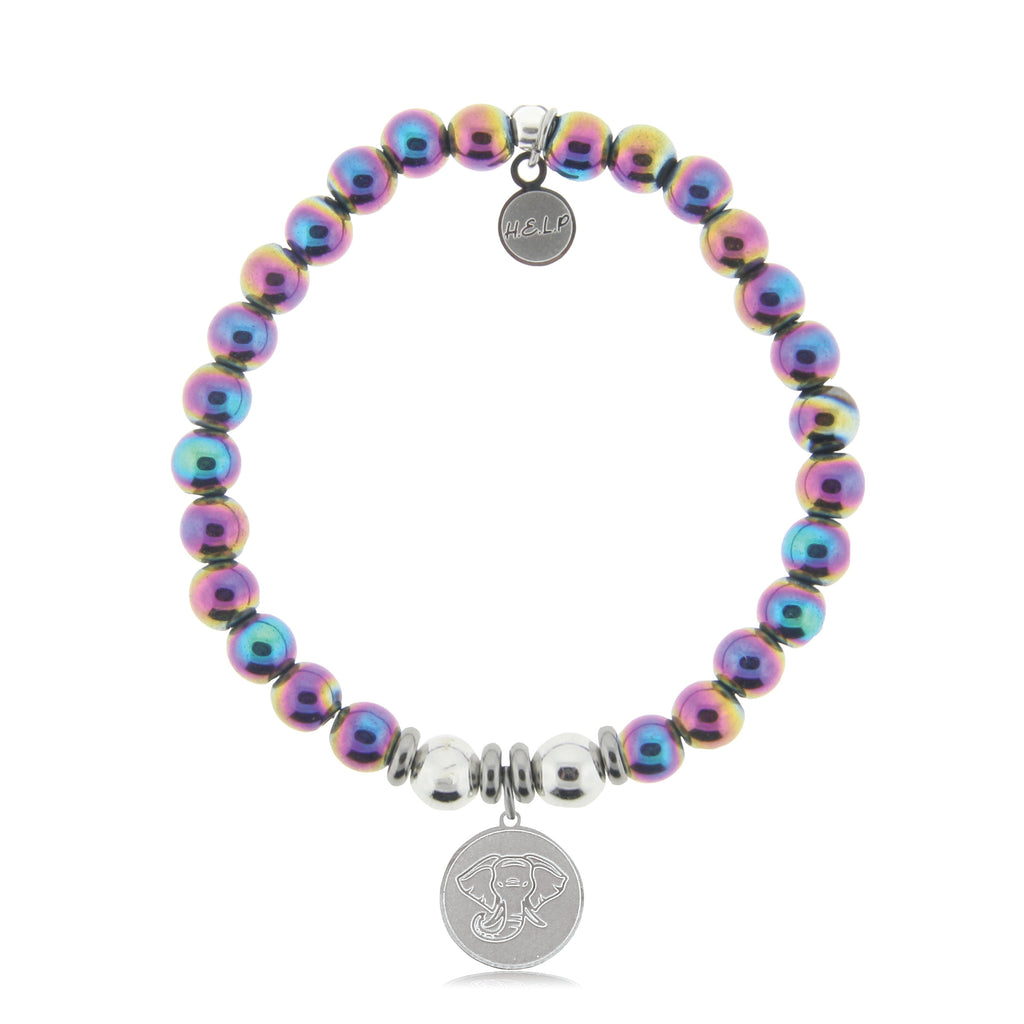 HELP by TJ Lucky Elephant Charm with Rainbow Hematite Beads Charity Bracelet
