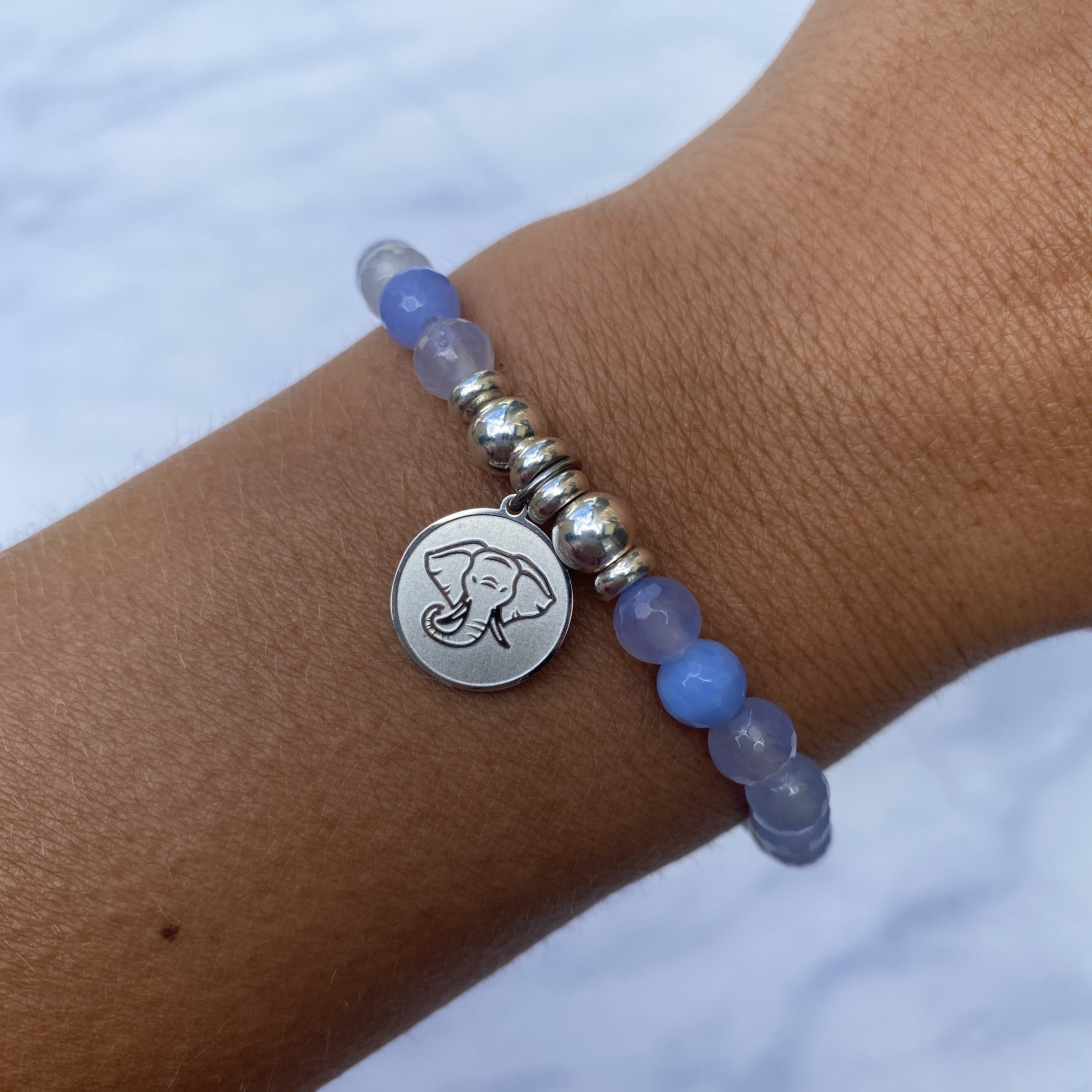 HELP by TJ Lucky Elephant Charm with Sky Blue Agate Beads Charity Bracelet