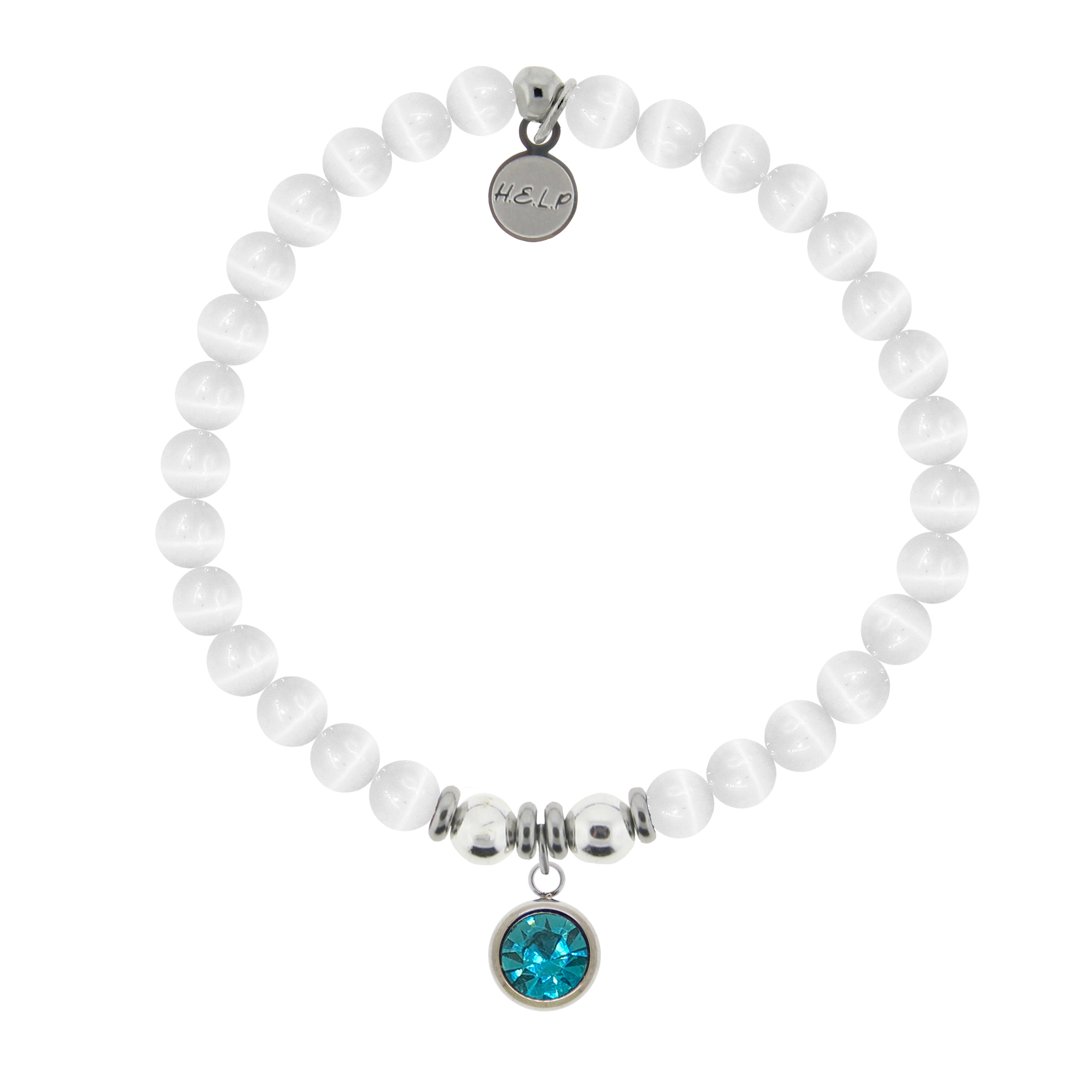 HELP by TJ March Aquamarine Crystal Birthstone Charm with White Cats Eye Charity Bracelet