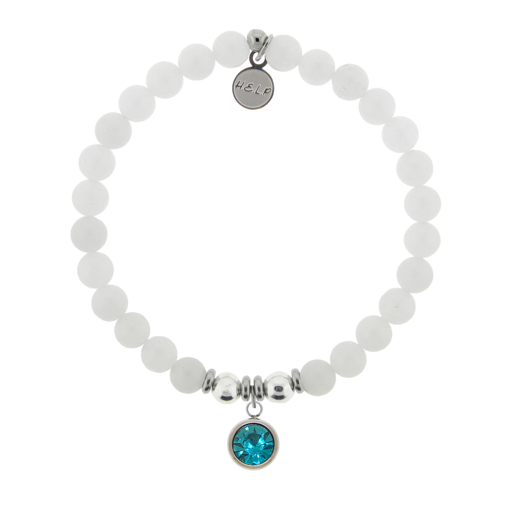 HELP by TJ March Aquamarine Crystal Birthstone Charm with White Jade Charity Bracelet