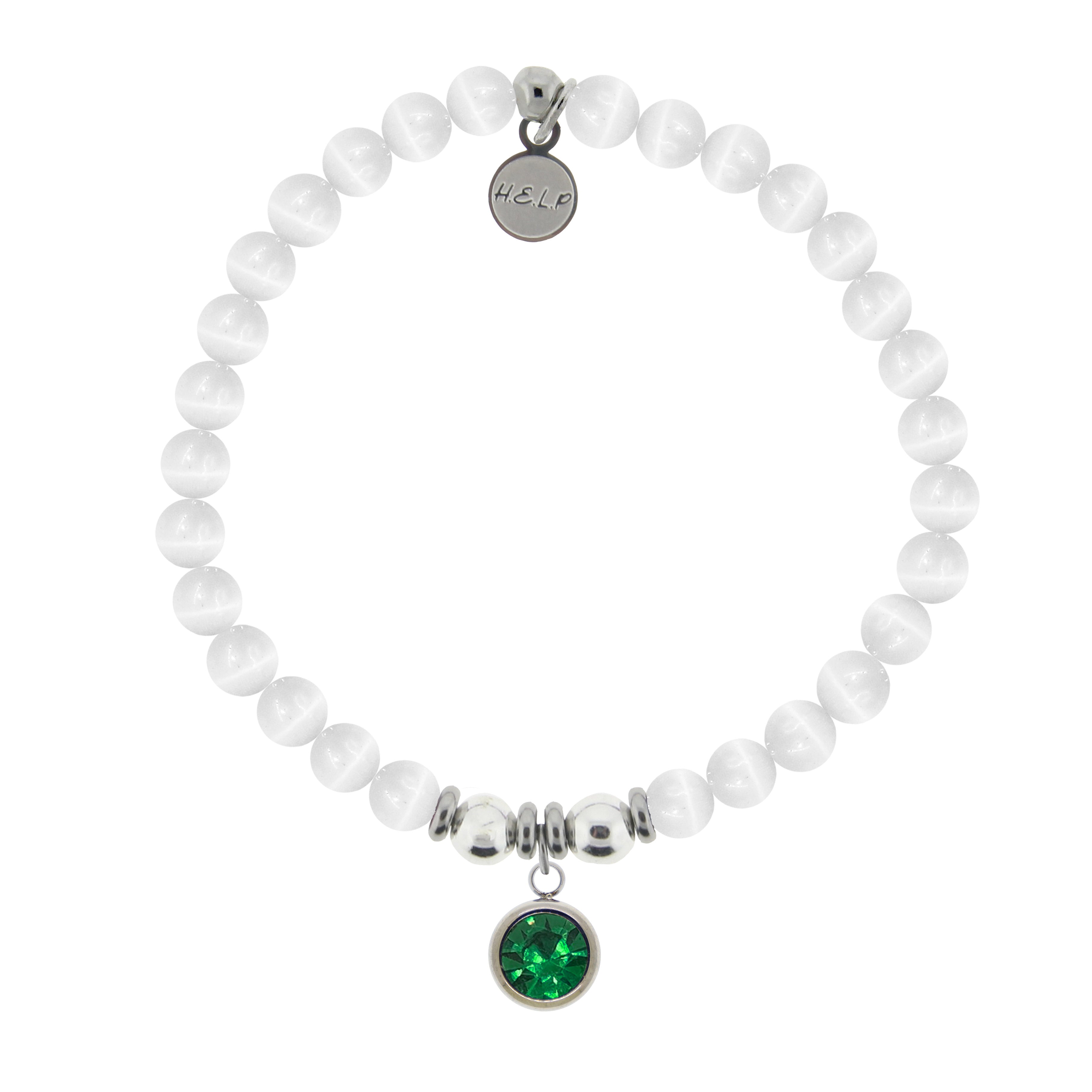 HELP by TJ May Emerald Crystal Birthstone Charm with White Cats Eye Charity Bracelet