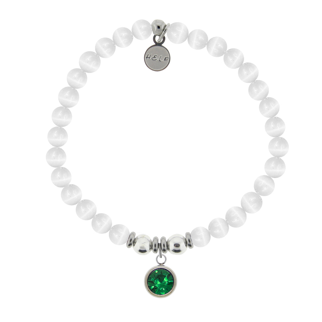 HELP by TJ May Emerald Crystal Birthstone Charm with White Cats Eye Charity Bracelet