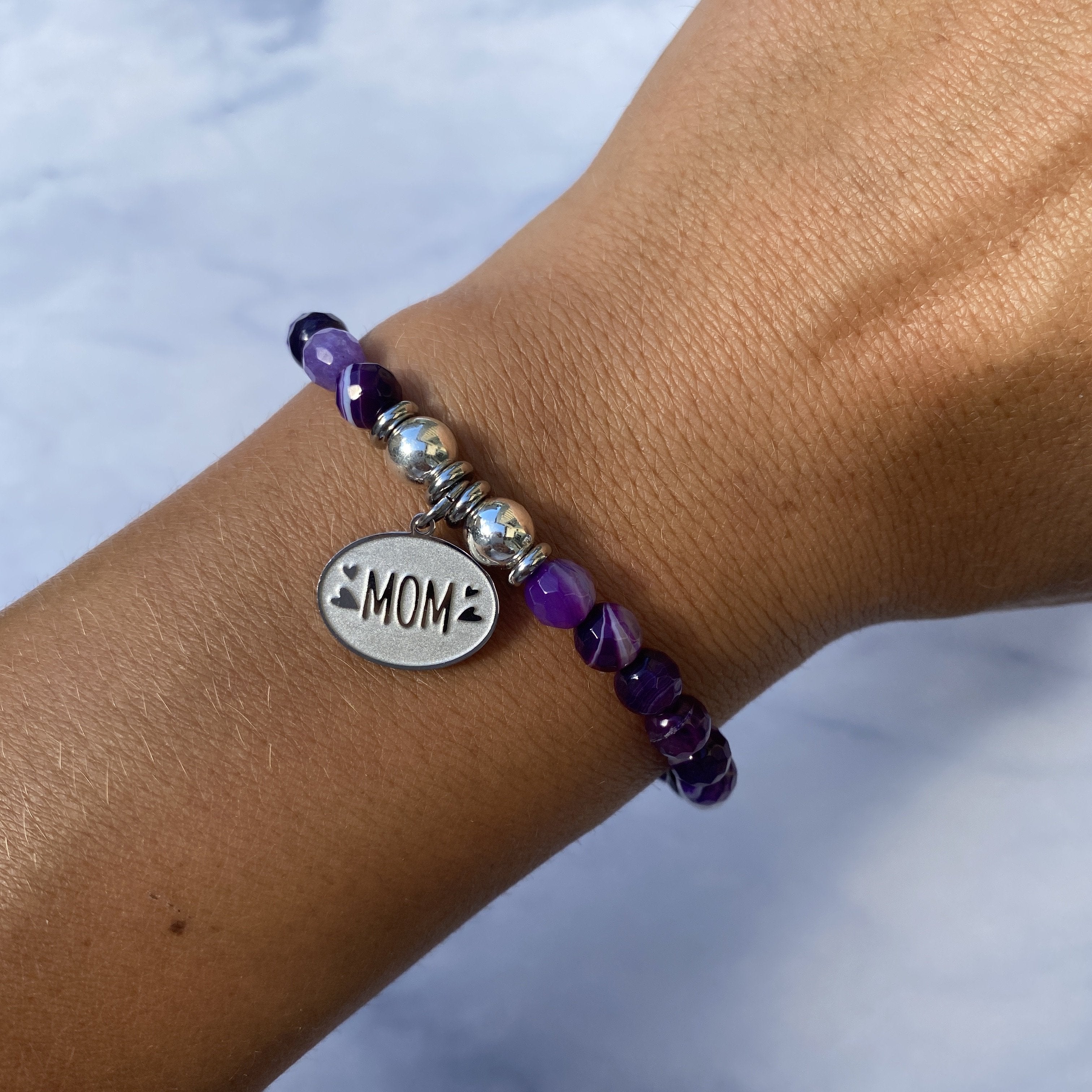 HELP by TJ Mom Charm with Purple Stripe Agate Beads Charity Bracelet