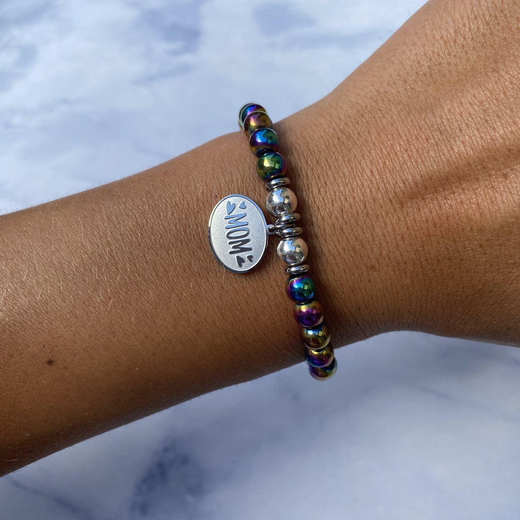 HELP by TJ Mom Charm with Rainbow Hematite Beads Charity Bracelet