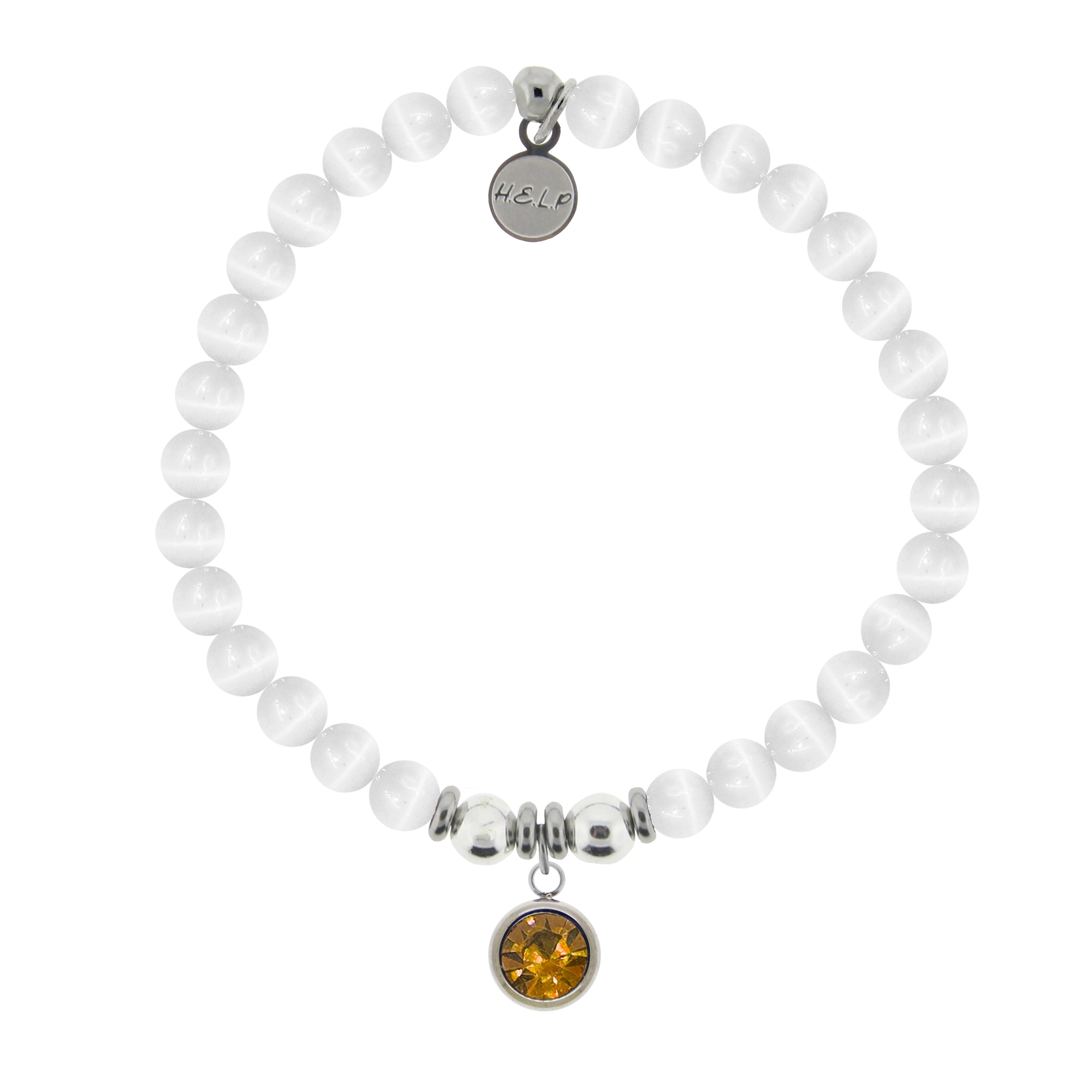 HELP by TJ November Citrine Crystal Birthstone Charm with White Cats Eye Charity Bracelet