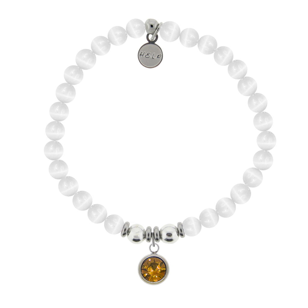 HELP by TJ November Citrine Crystal Birthstone Charm with White Cats Eye Charity Bracelet