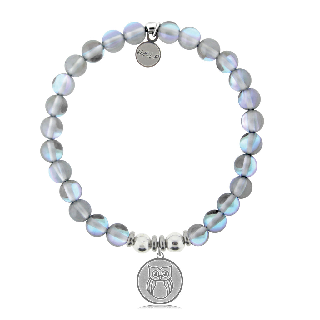 HELP by TJ Owl Charm with Grey Opalescent Beads Charity Bracelet