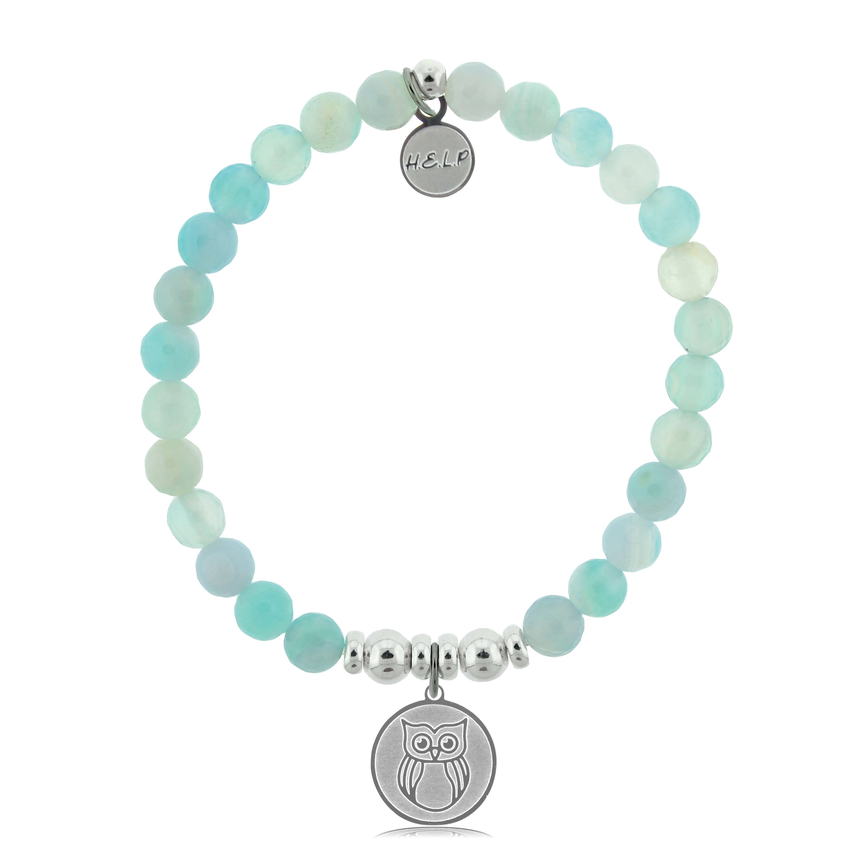 HELP by TJ Owl Charm with Light Blue Agate Beads Charity Bracelet