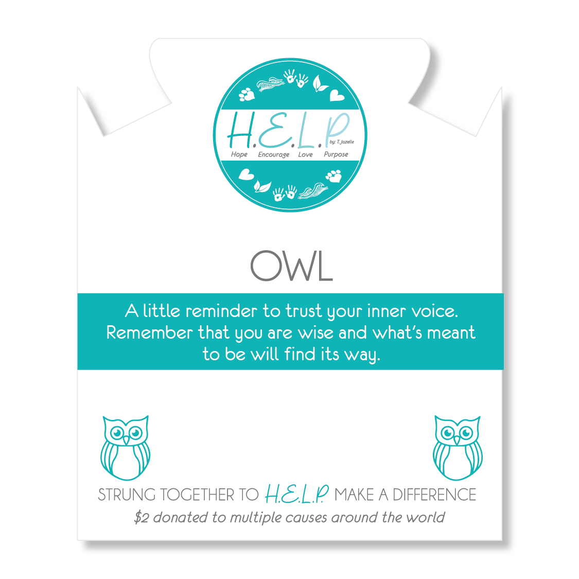 HELP by TJ Owl Charm with Light Blue Opalescent Charity Bracelet