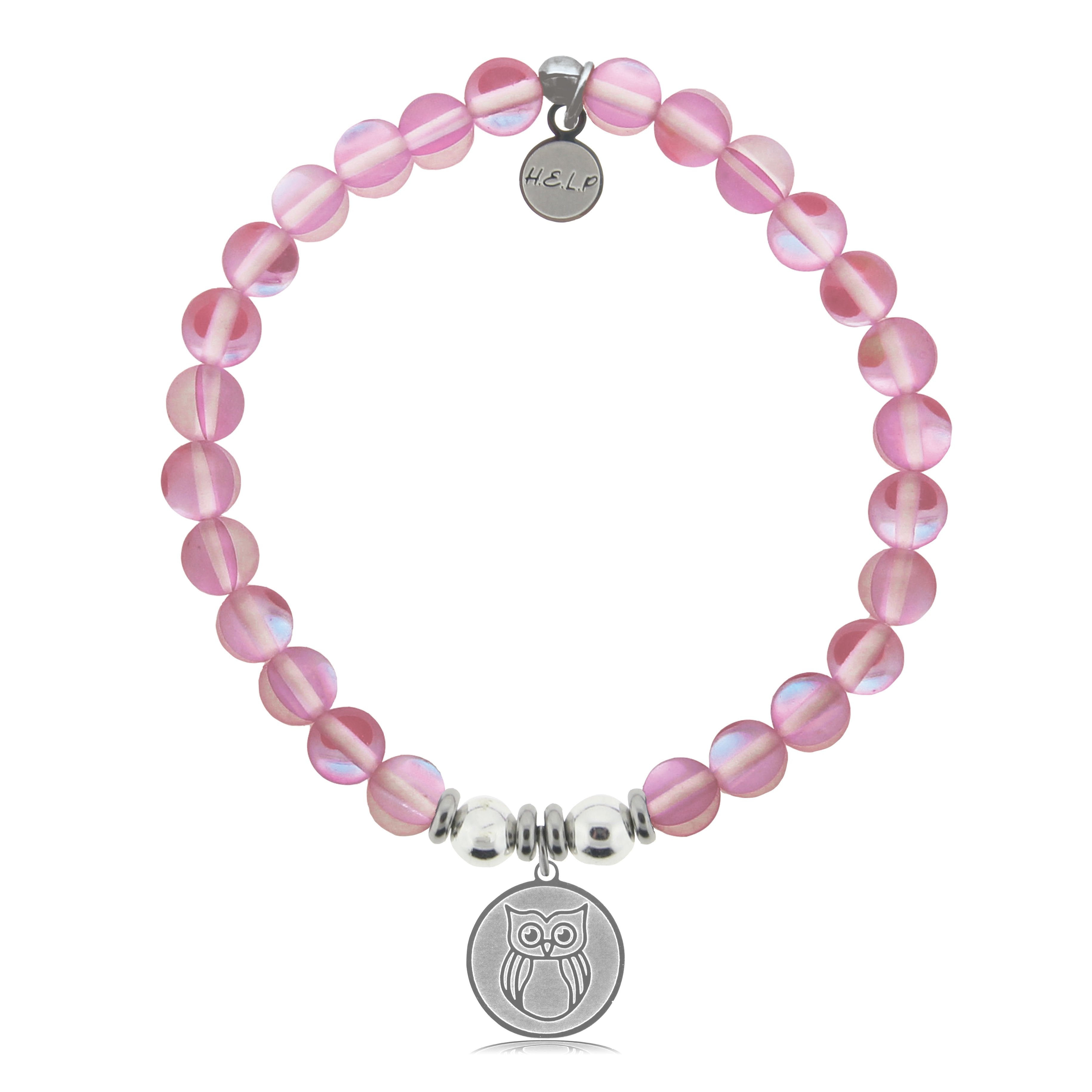 HELP by TJ Owl Charm with Pink Opalescent Beads Charity Bracelet