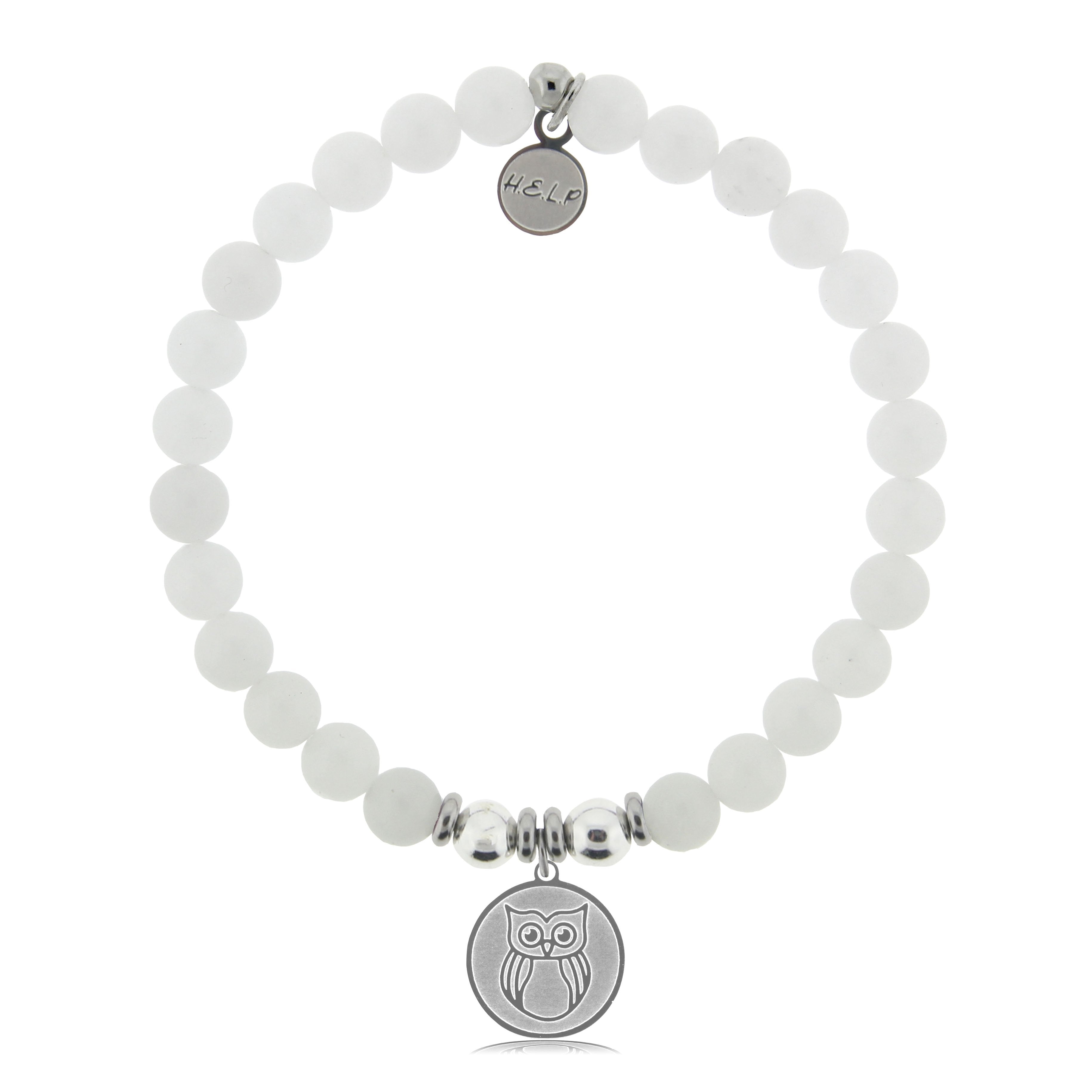 HELP by TJ Owl Charm with White Jade Beads Charity Bracelet