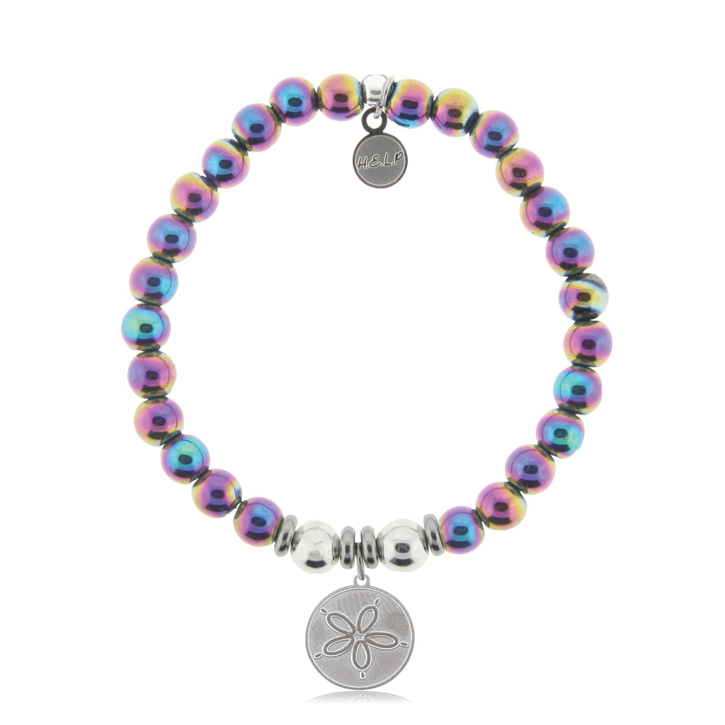 HELP by TJ Sand Dollar Charm with Rainbow Hematite Beads Charity Bracelet