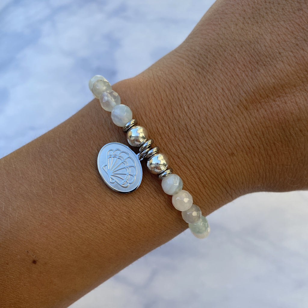 HELP by TJ Seashell Charm with Light Blue Agate Beads Charity Bracelet