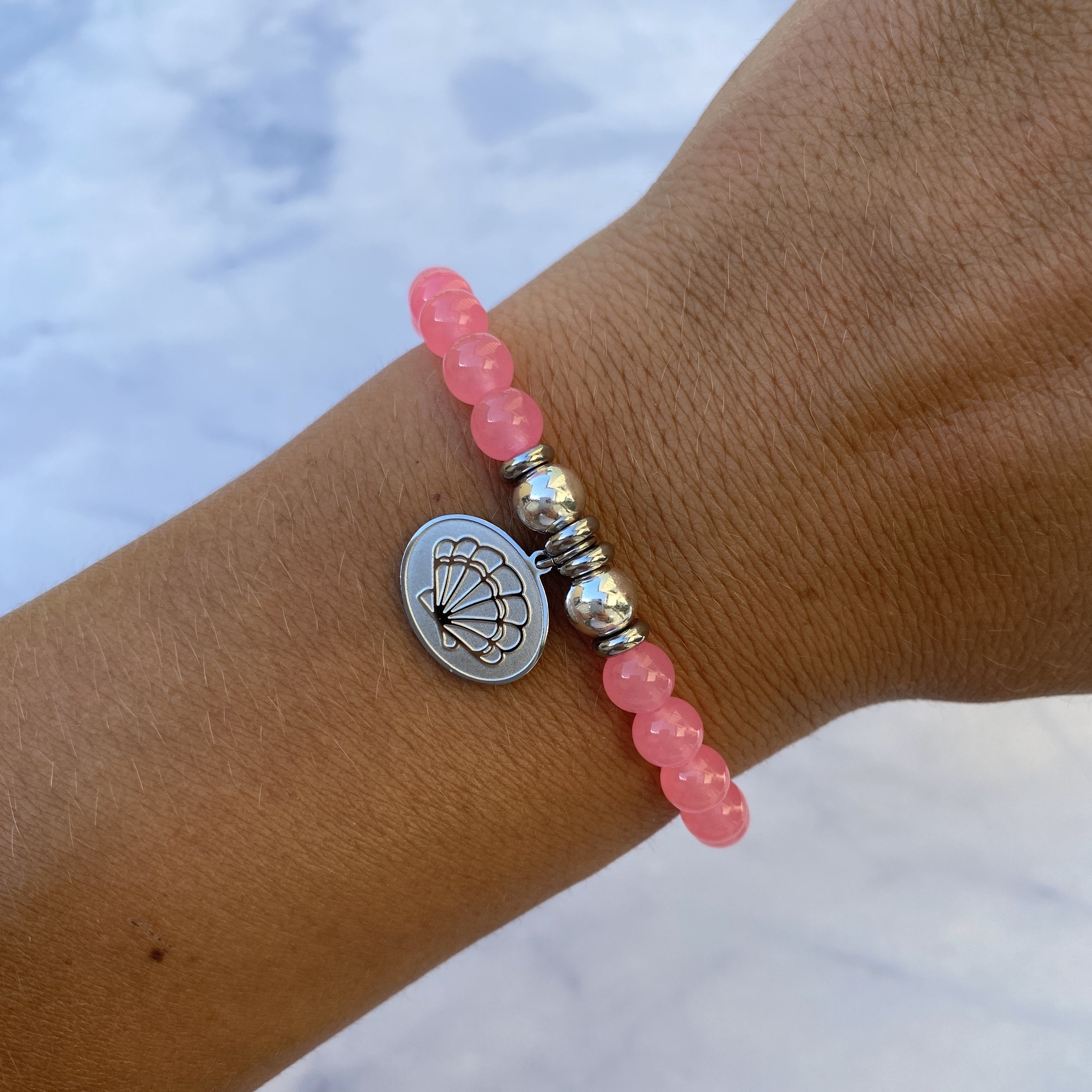 HELP by TJ Seashell Charm with Pink Agate Beads Charity Bracelet