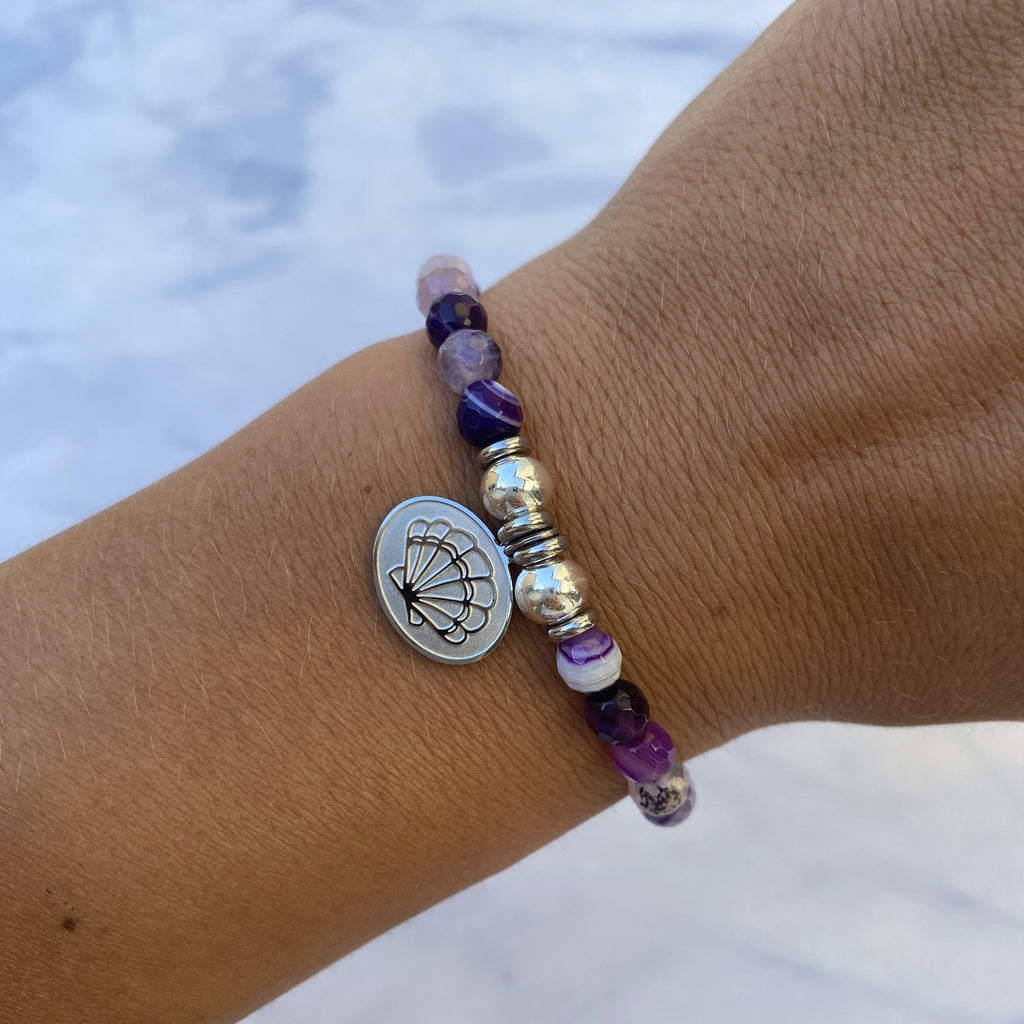 HELP by TJ Seashell Charm with Purple Stripe Agate Beads Charity Bracelet