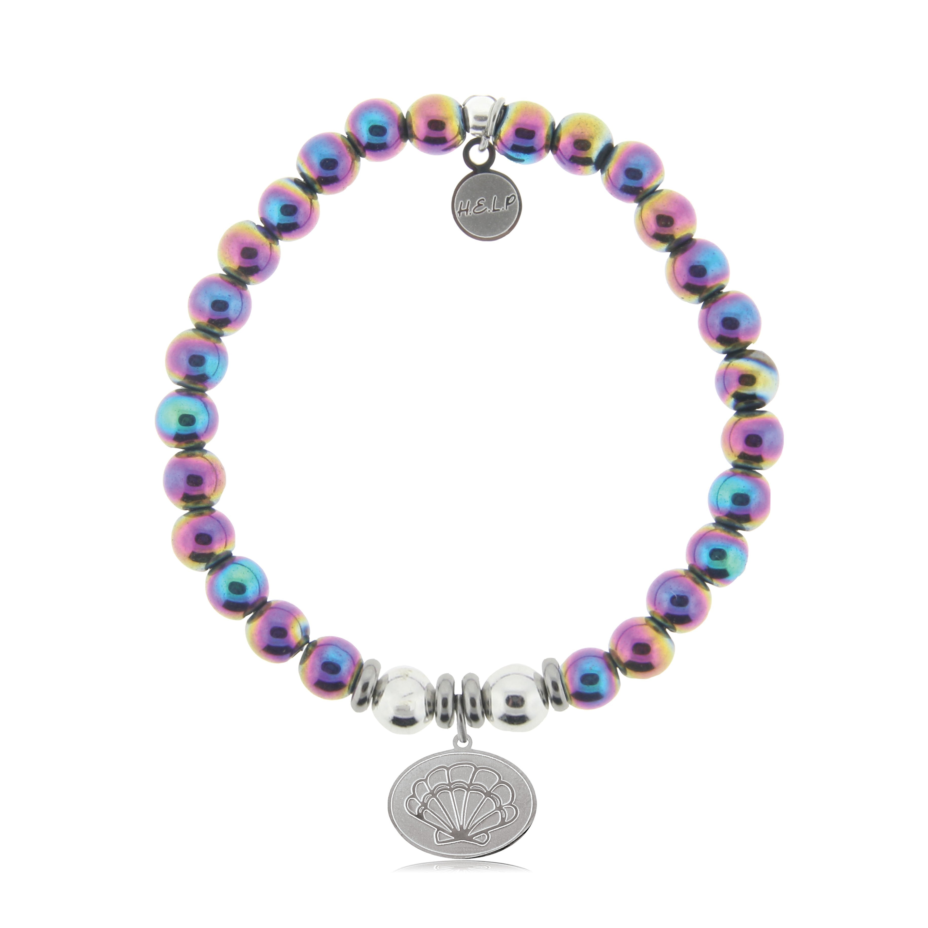 HELP by TJ Seashell Charm with Rainbow Hematite Beads Charity Bracelet