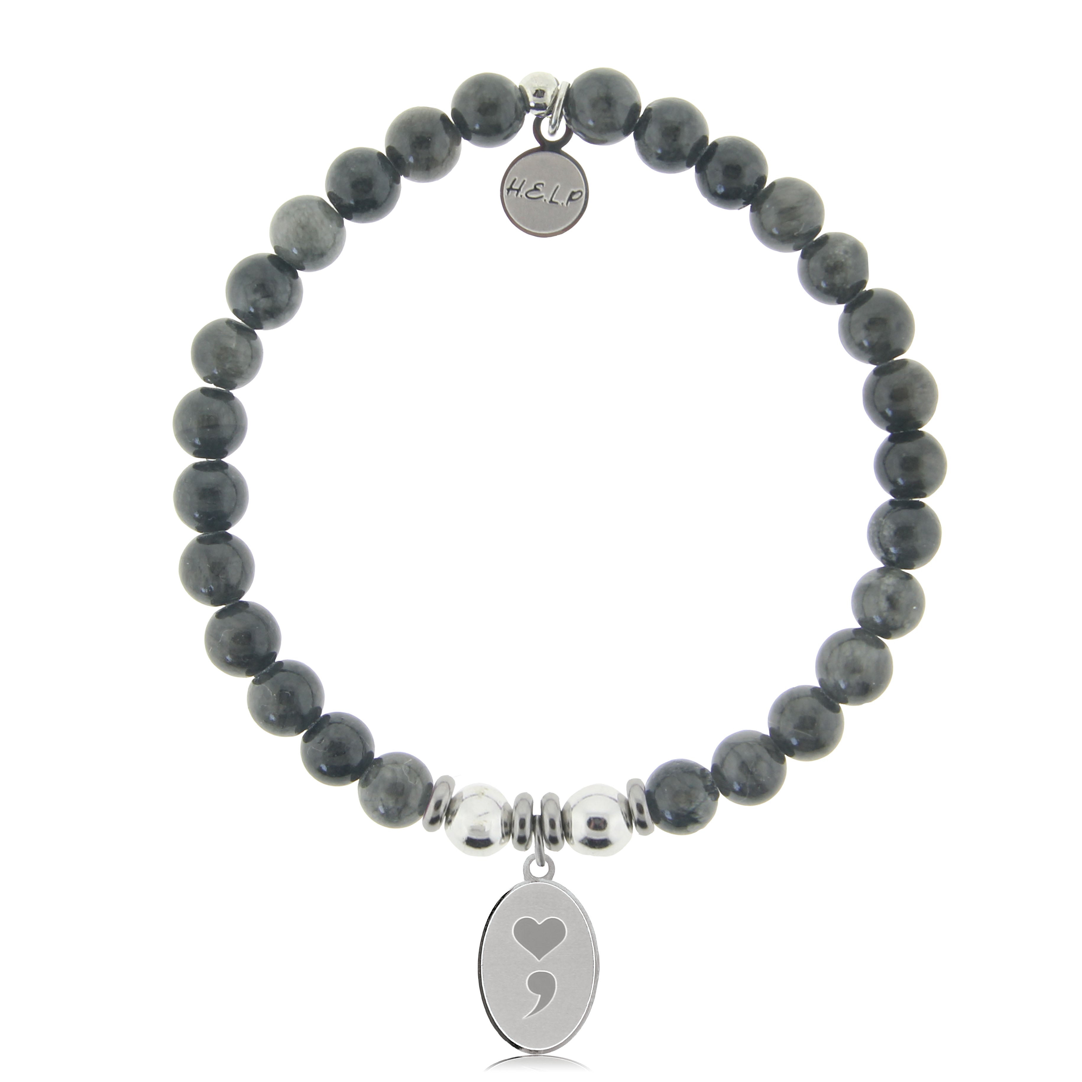 HELP by TJ Semi Colon Charm with Dark Grey Jade Charity Bracelet