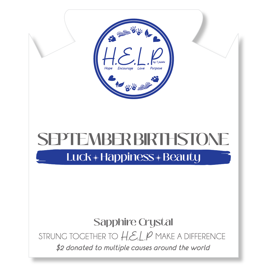 HELP by TJ September Sapphire Crystal Birthstone Charm with White Cats Eye Charity Bracelet