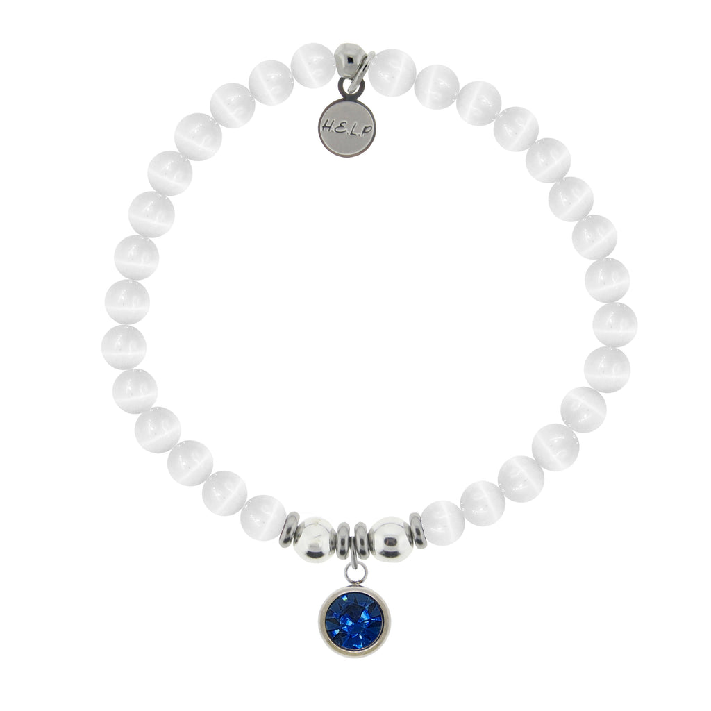 HELP by TJ September Sapphire Crystal Birthstone Charm with White Cats Eye Charity Bracelet