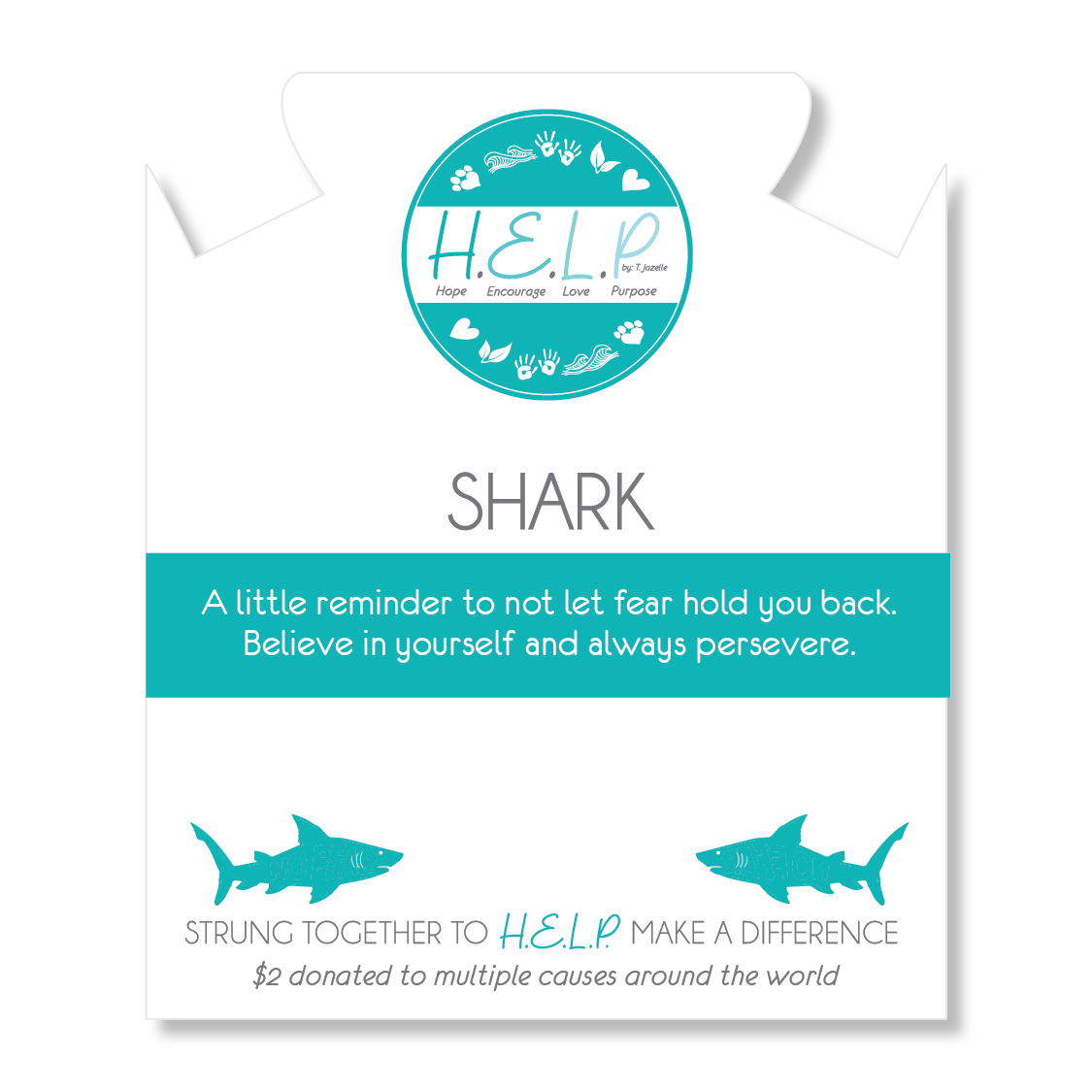 HELP by TJ Shark Charm with Aqua Blue Seaglass Charity Bracelet