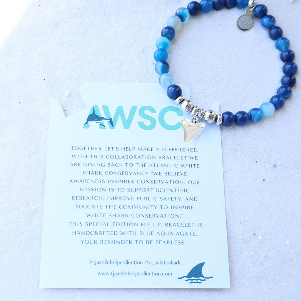 HELP by TJ Shark Tooth AWSC HELP Collaboration Bracelet with Blue Aqua Agate Beads