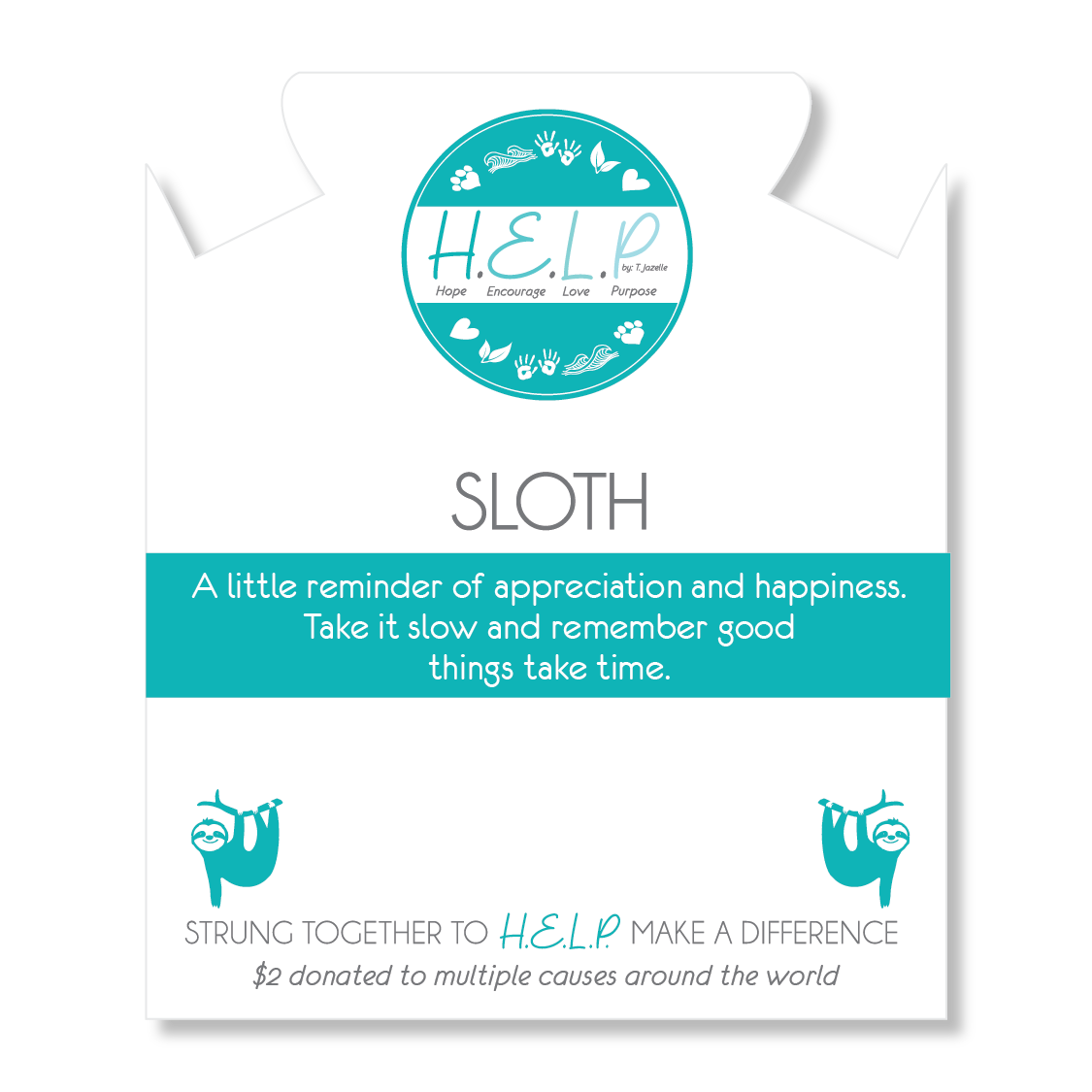 HELP by TJ Sloth Charm with Light Blue Opalescent Charity Bracelet