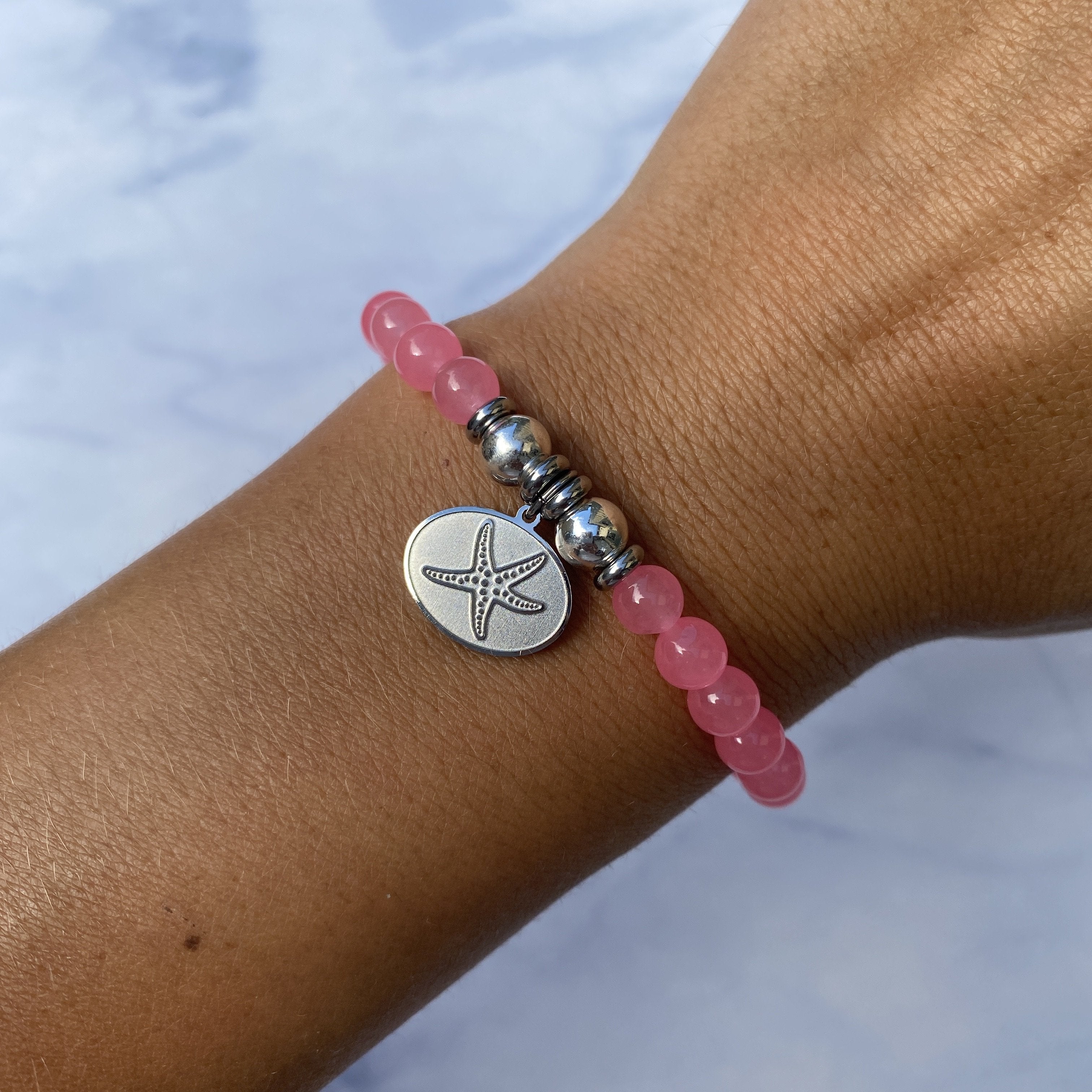 HELP by TJ Starfish Charm with Pink Agate Beads Charity Bracelet