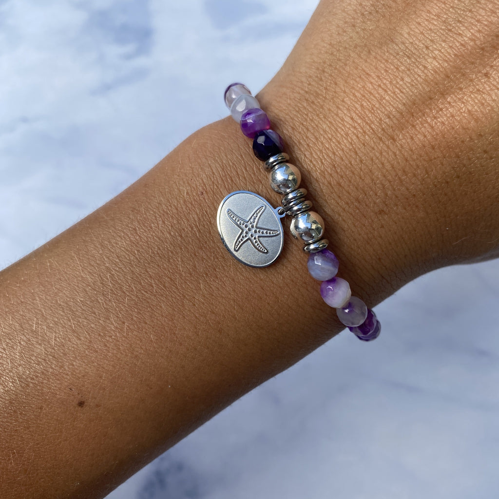 HELP by TJ Starfish Charm with Purple Stripe Agate Beads Charity Bracelet