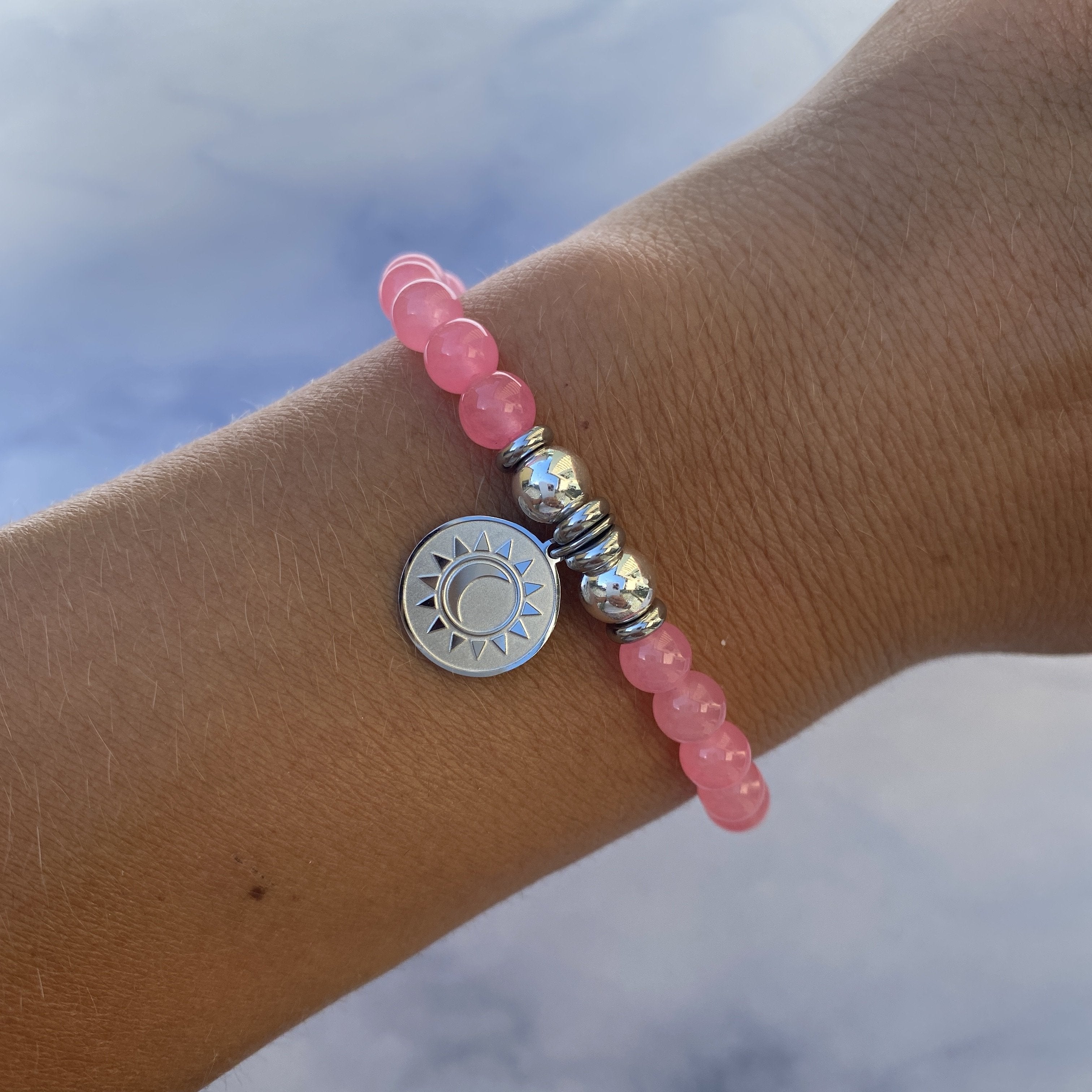 HELP by TJ Sun and Moon Charm with Pink Agate Beads Charity Bracelet