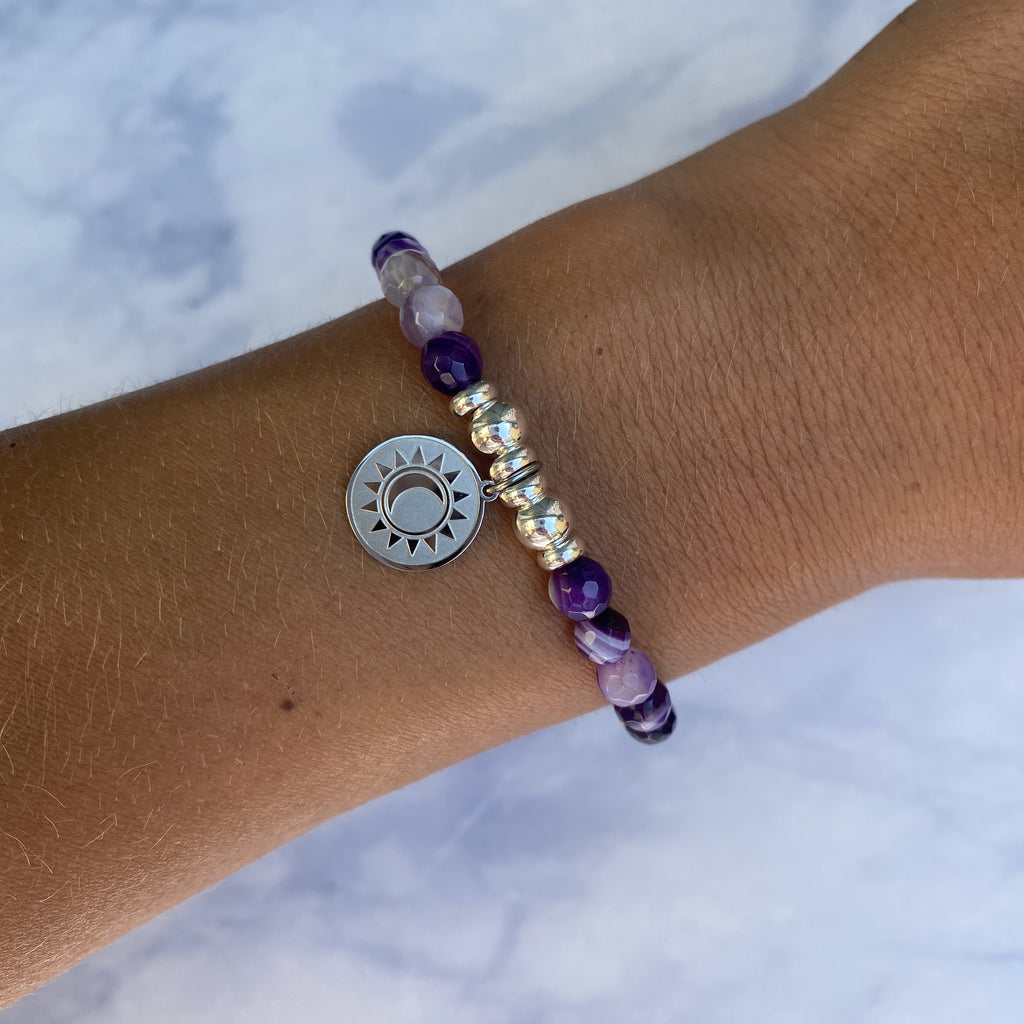 HELP by TJ Sun and Moon Charm with Purple Stripe Agate Beads Charity Bracelet