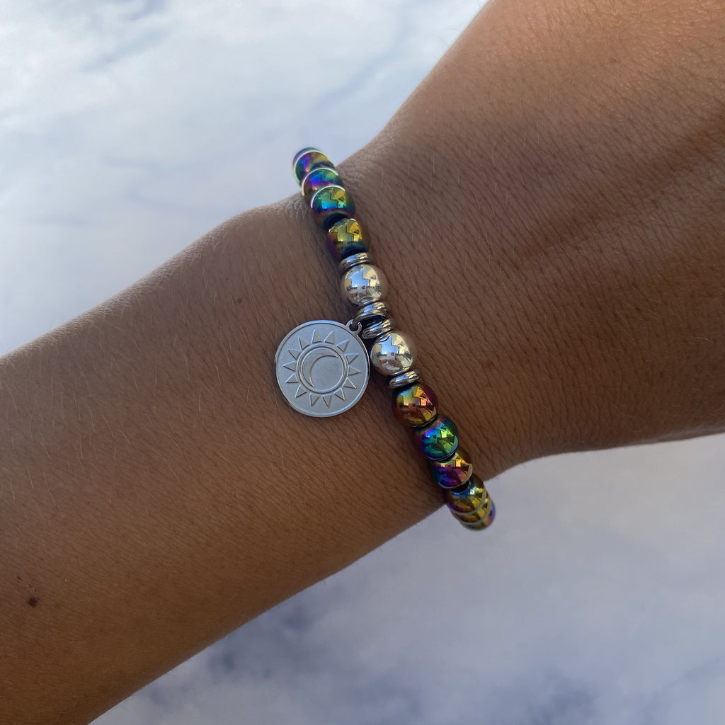 HELP by TJ Sun and Moon Charm with Rainbow Hematite Beads Charity Bracelet