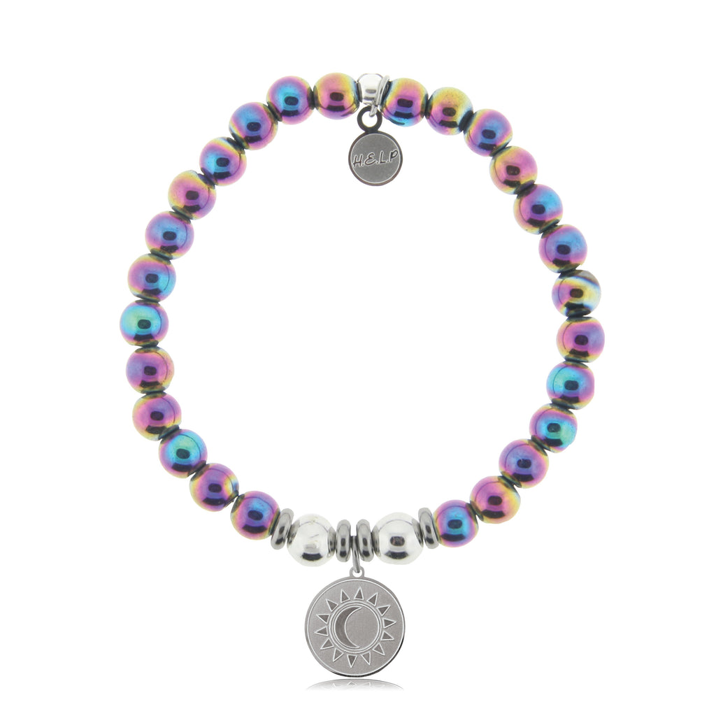 HELP by TJ Sun and Moon Charm with Rainbow Hematite Beads Charity Bracelet
