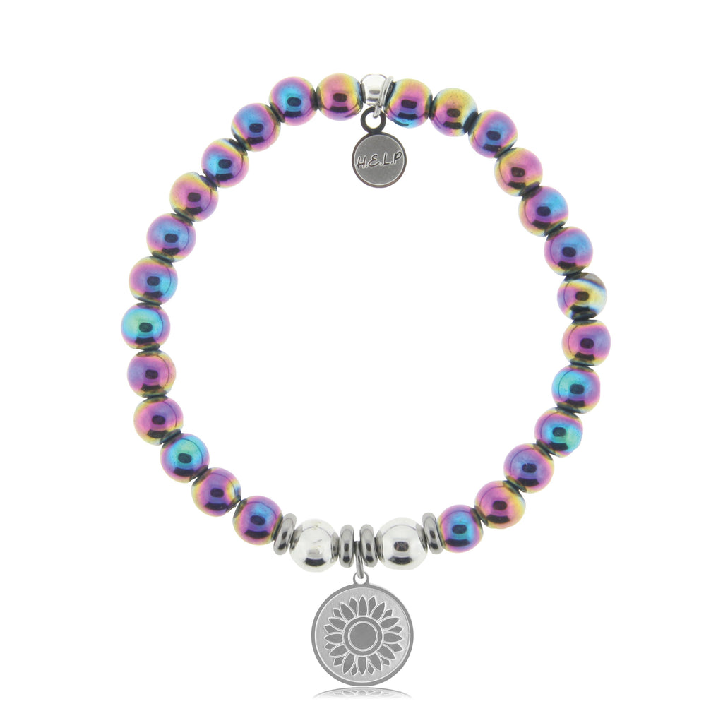 HELP by TJ Sunflower Charm with Rainbow Hematite Beads Charity Bracelet