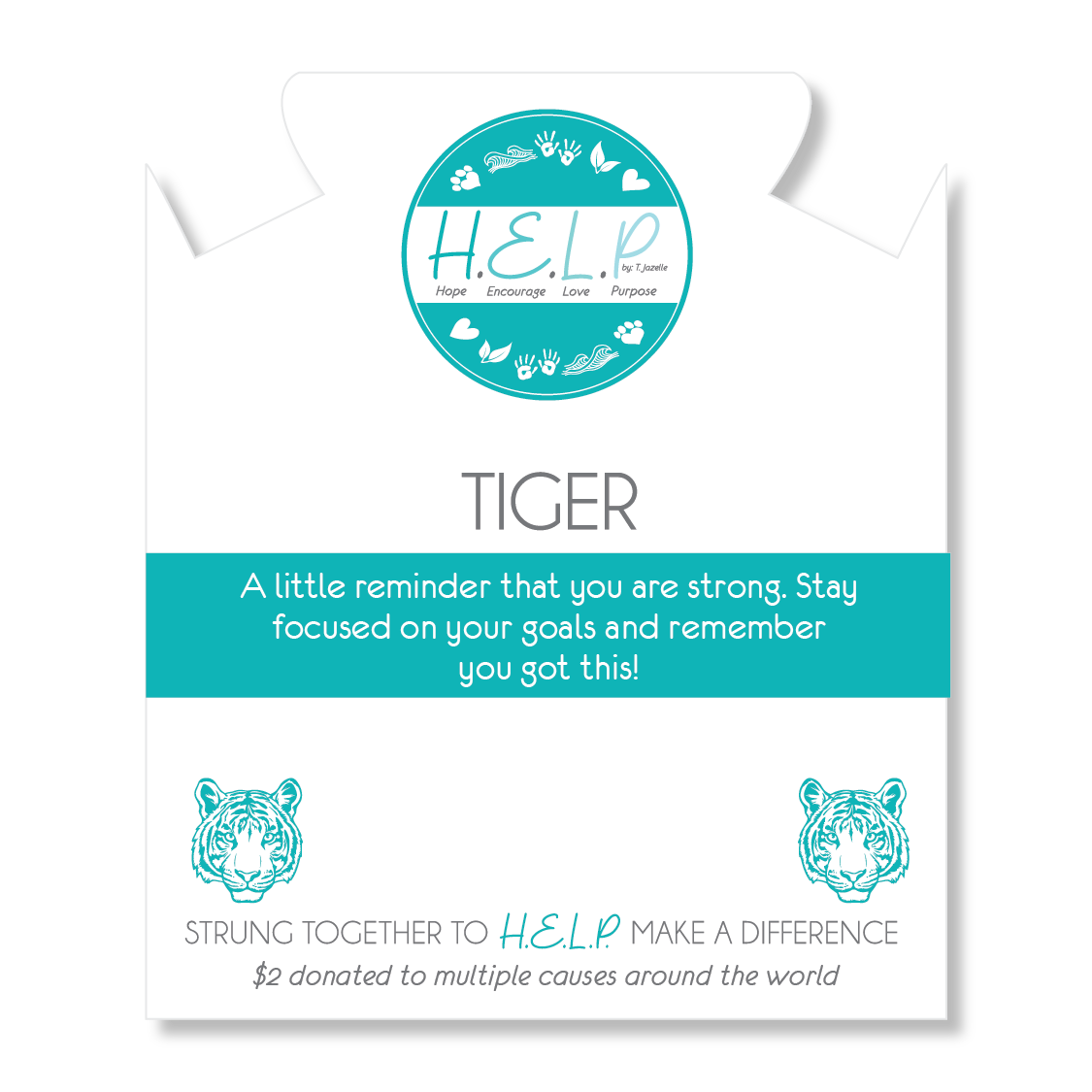 HELP by TJ Tiger Charm with Aqua Blue Seaglass Charity Bracelet